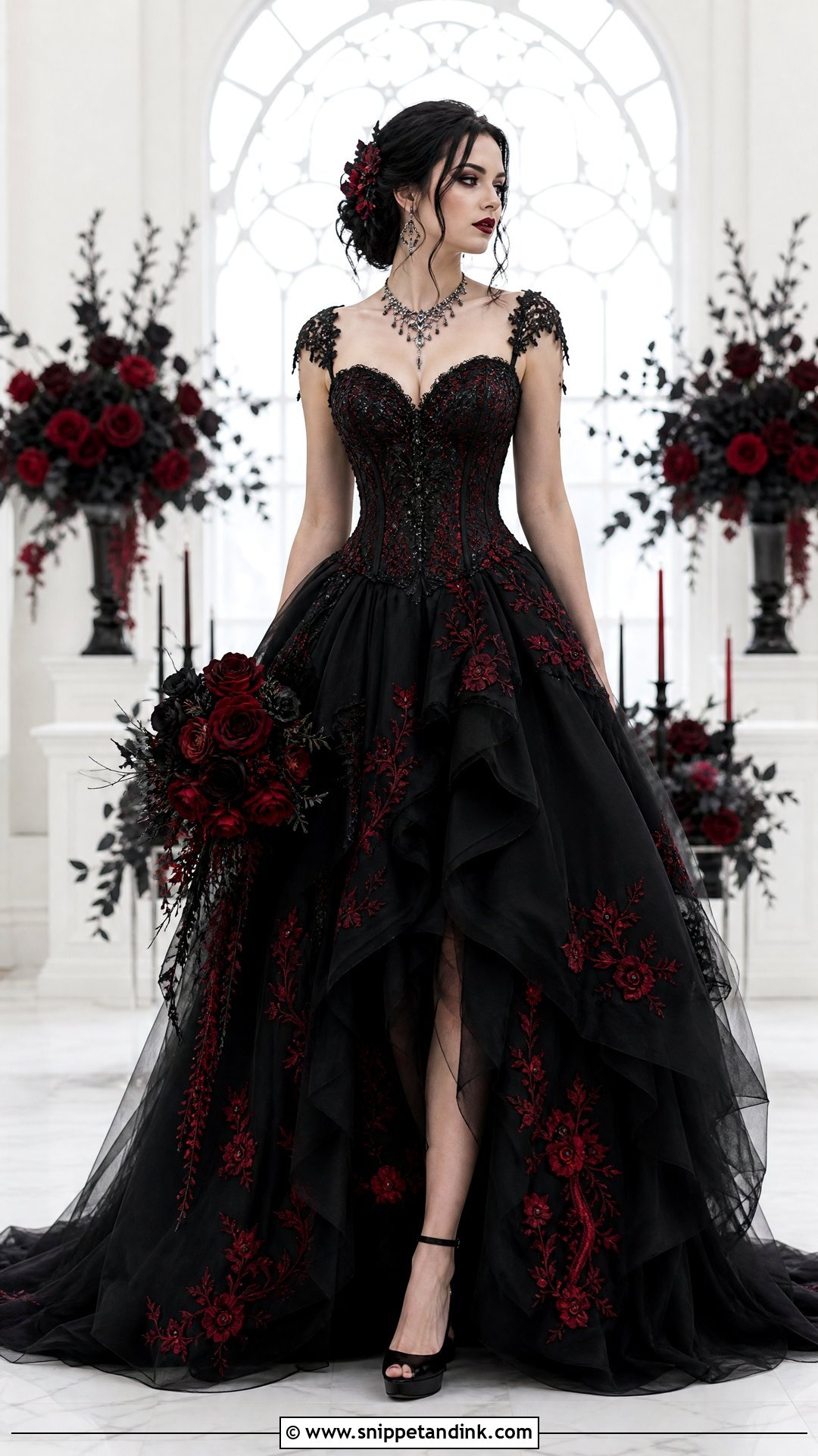 Gothic Wedding Dress With Red Details - Snippet and Ink - 25 Gothic Wedding Dresses