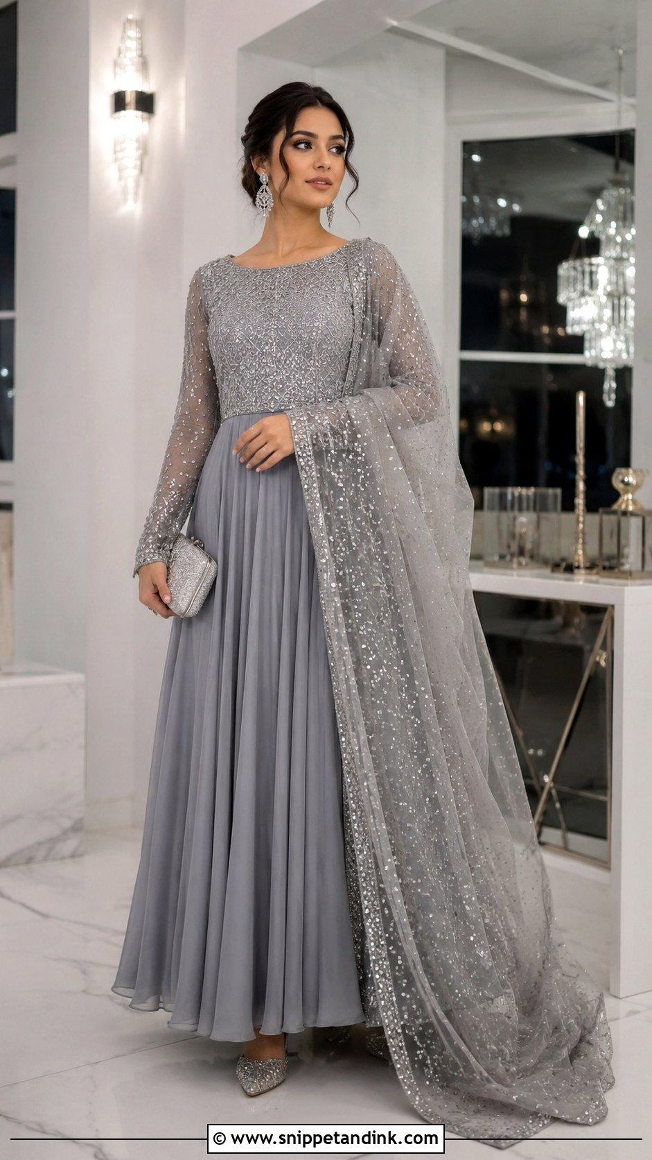 Gray Anarkali Dress With Sequin Dupatta - Snippet and Ink - 20 Anarkali Dress with Dupatta Ideas