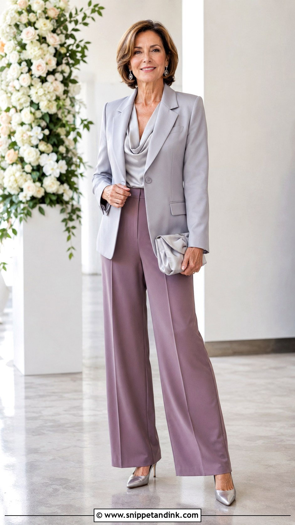 Gray Blazer With Silk Blouse And Trousers - Snippet and Ink - 20 Blazer Wedding Outfit Ideas