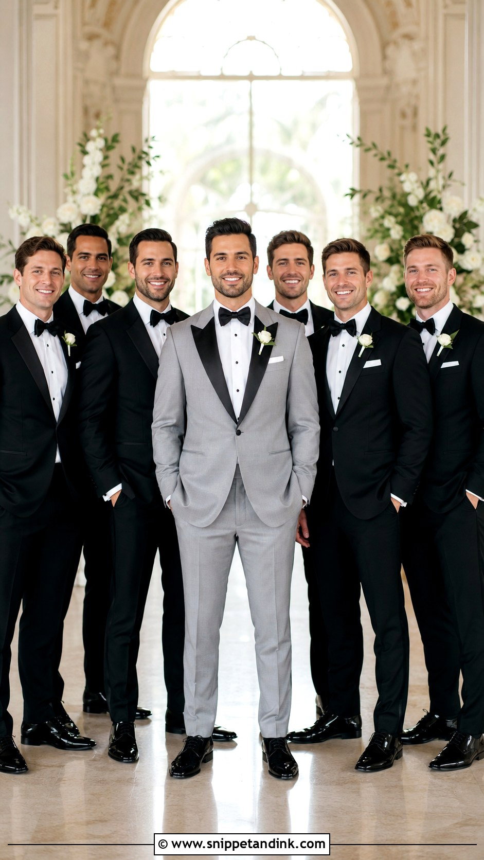 Gray Groom Tuxedo With Black Groomsmen Tuxedos - Snippet and Ink - 20 Gray Tuxedo Wedding Ideas