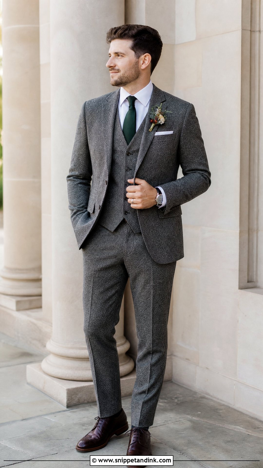 Gray Herringbone Three Piece Wedding Suit - Snippet and Ink - 20 Three Piece Suit Wedding Ideas