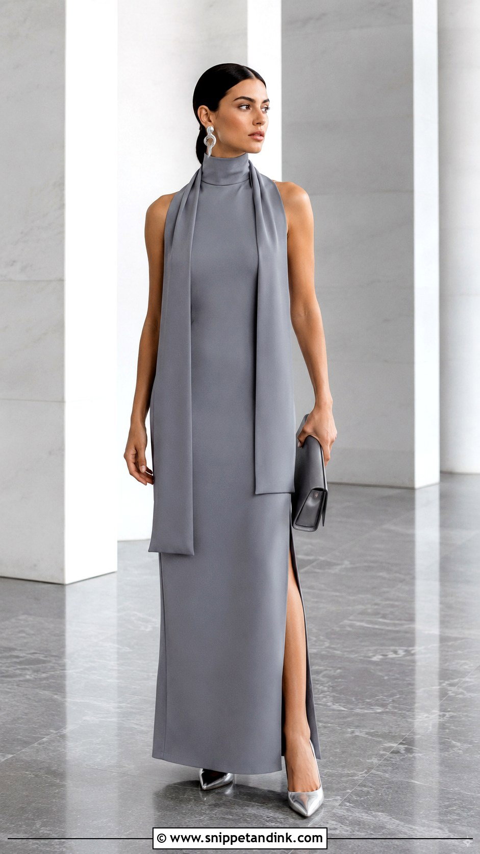 Gray Minimalist Gown With Neck Scarf - Snippet and Ink - 20 Gown with Neck Scarf Ideas