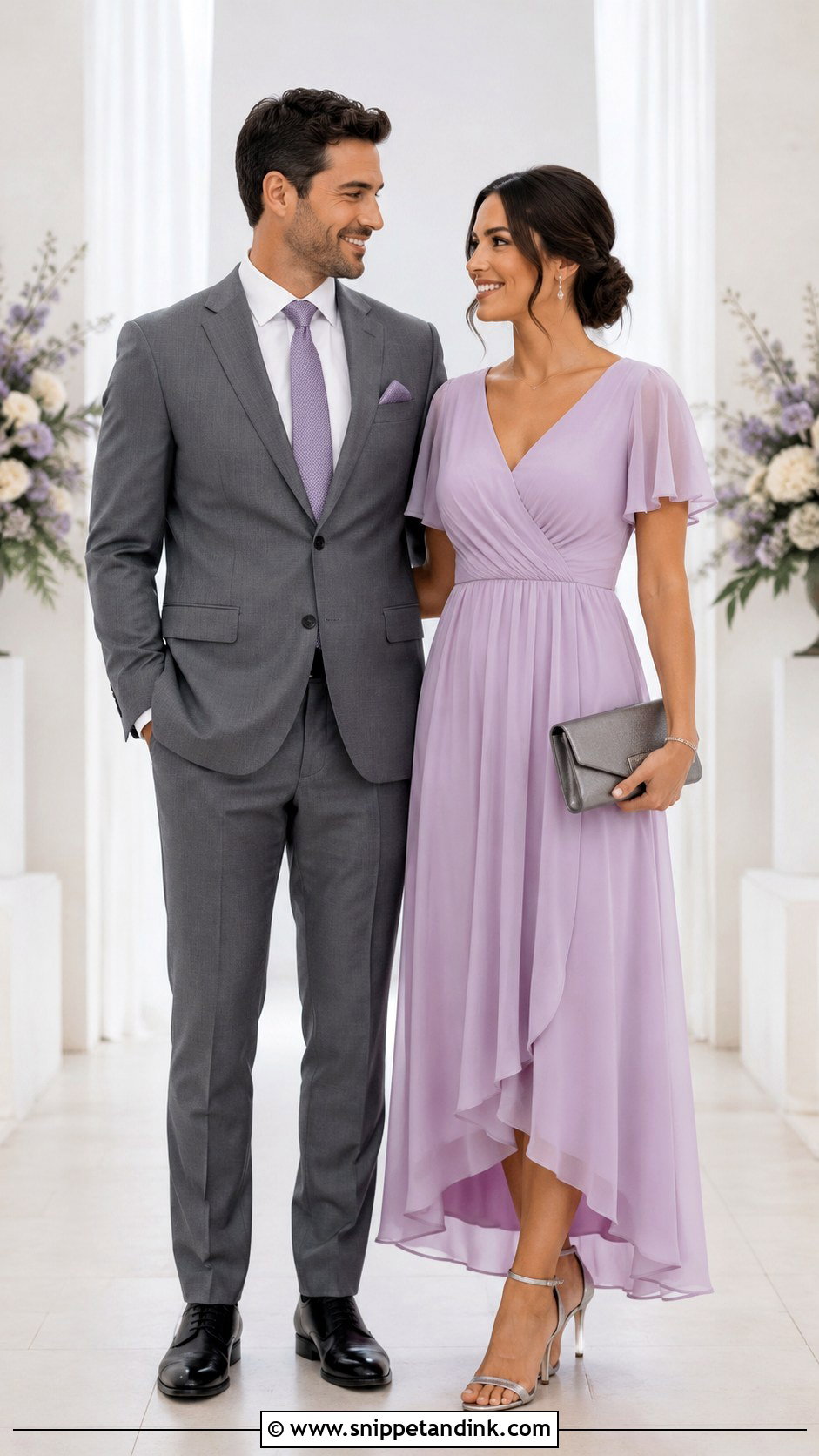 Gray Suit And Lavender Dress Couple Wedding Outfit - Snippet and Ink - 20 Couples Wedding Outfits