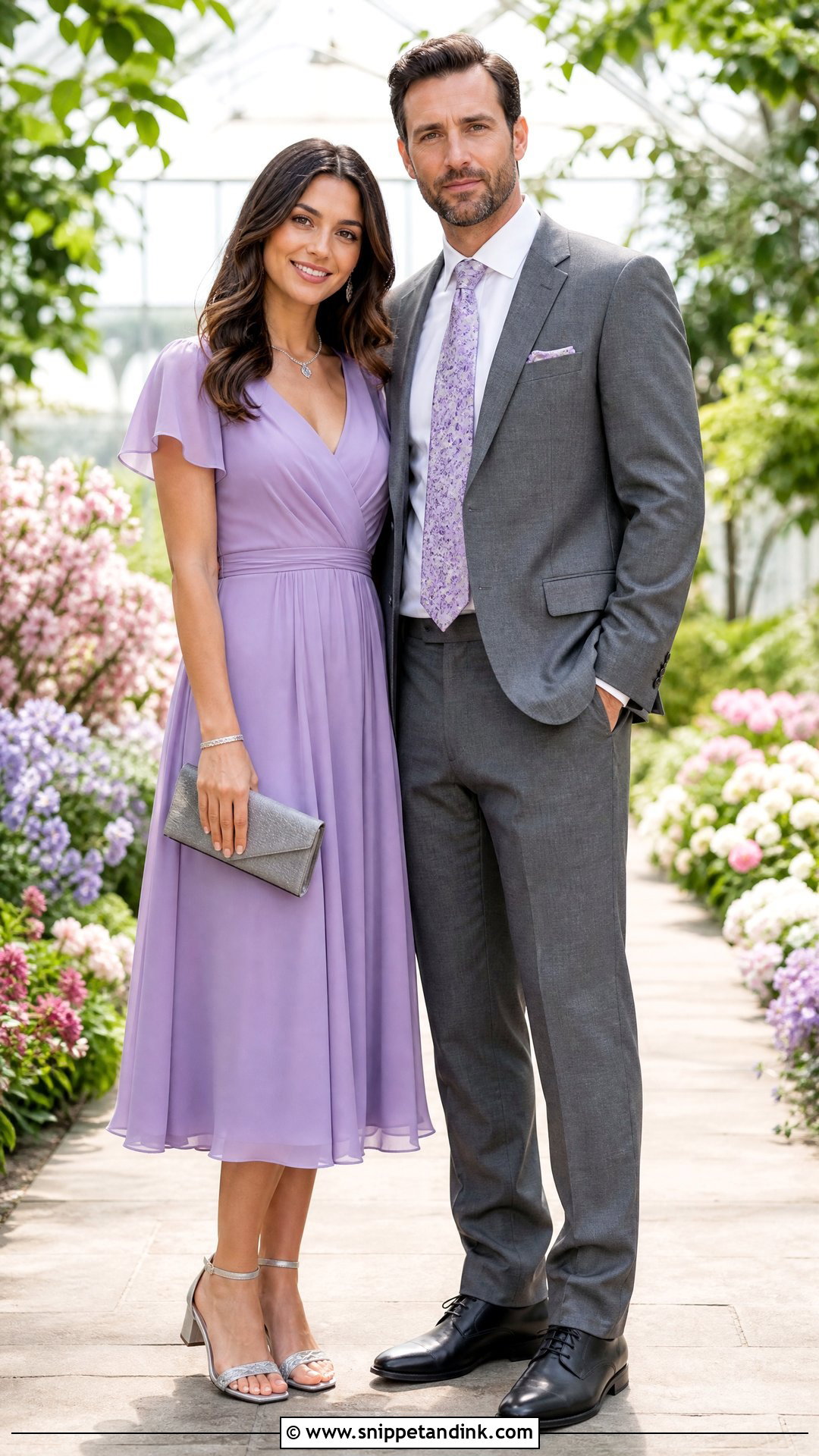 Gray Suit And Lavender Dress Wedding Outfit - Snippet and Ink - 20 Wedding Date Outfit Couple Ideas