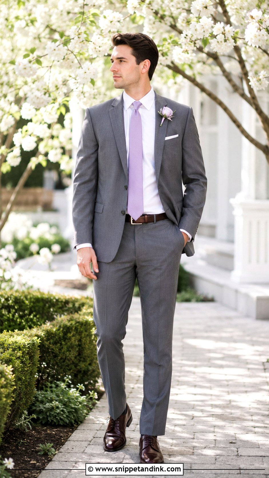 Gray Suit With Lavender Tie Bridesman Attire - Snippet and Ink - 20 Bridesmen Attire Ideas