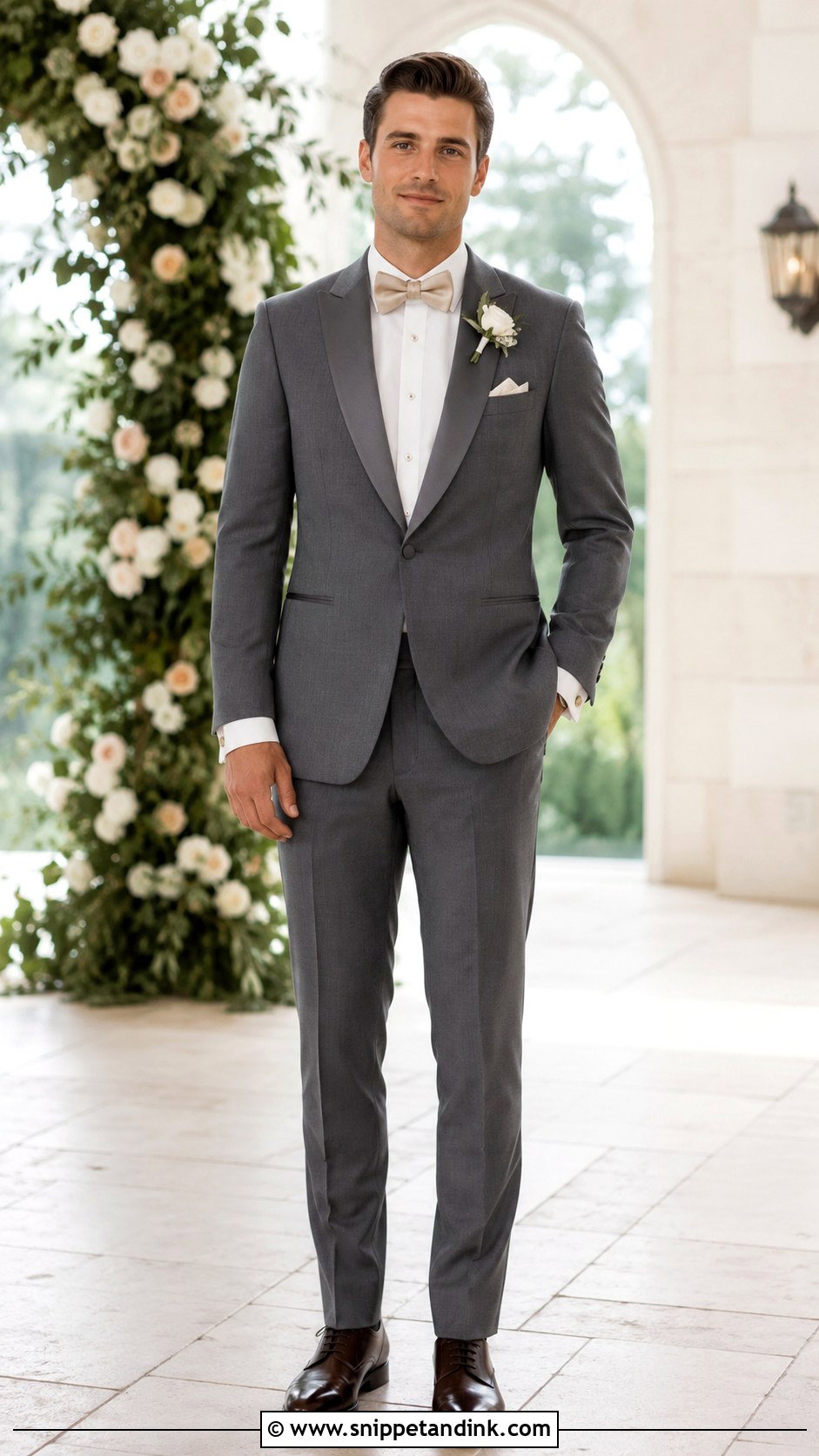 Gray Tuxedo With Ivory Shirt And Champagne Tie - Snippet and Ink - 20 Gray Tuxedo Wedding Ideas
