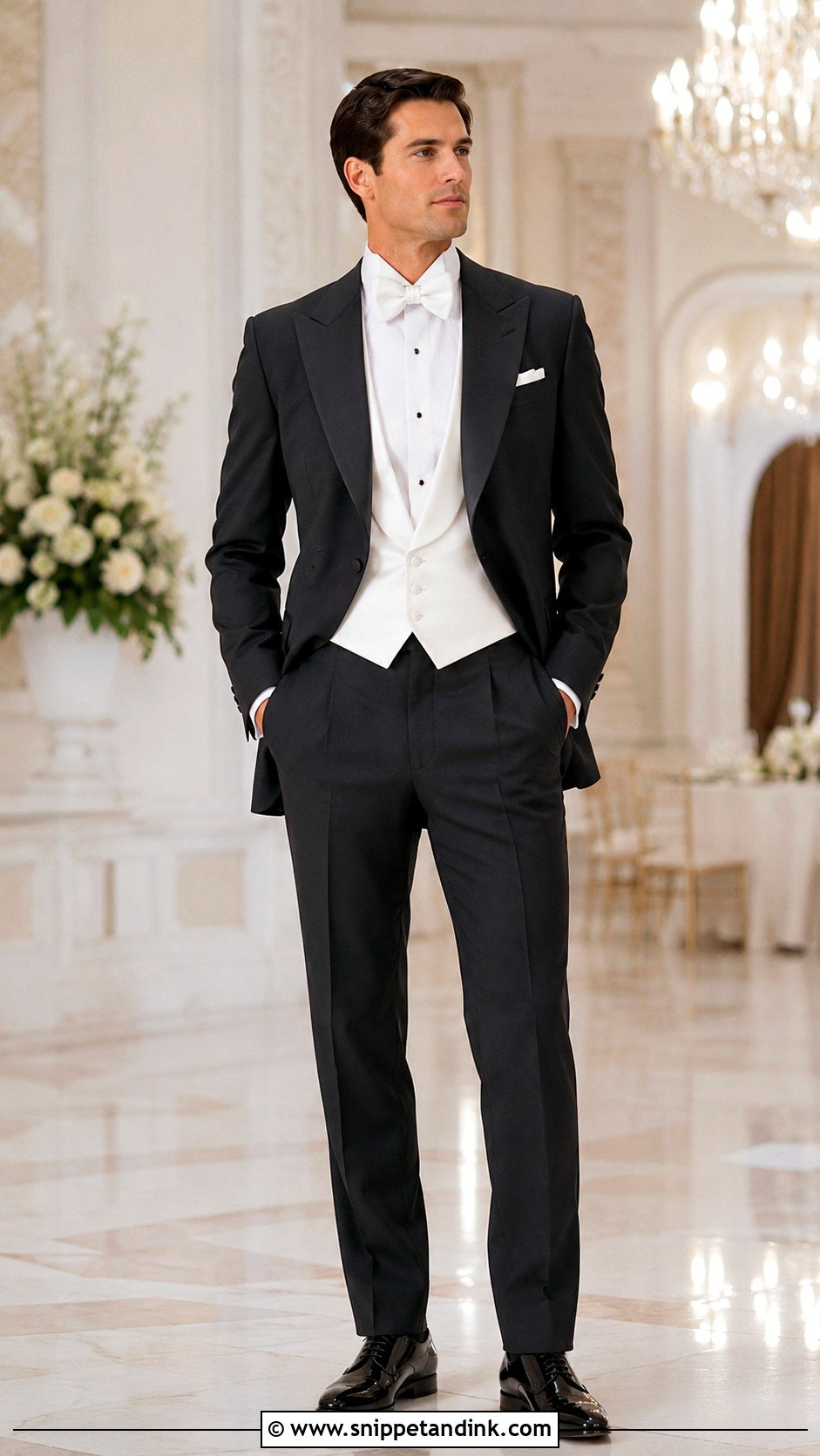 Gray Tuxedo With White Vest And Bow Tie - Snippet and Ink - 20 Gray Tuxedo Wedding Ideas