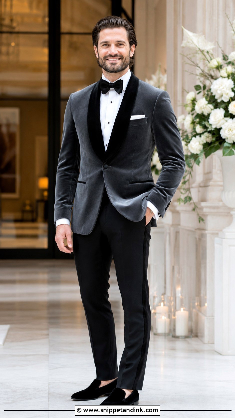 Gray Velvet Tuxedo With Black Trousers - Snippet and Ink - 20 Gray Tuxedo Wedding Ideas