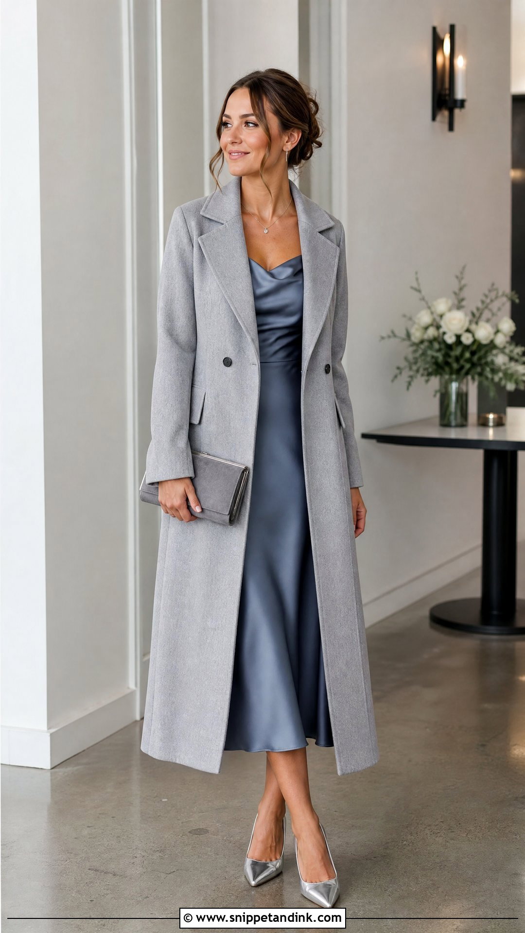 Gray Wedding Coat With Blue Satin Dress - Snippet and Ink - 25 Wedding Coat Ideas