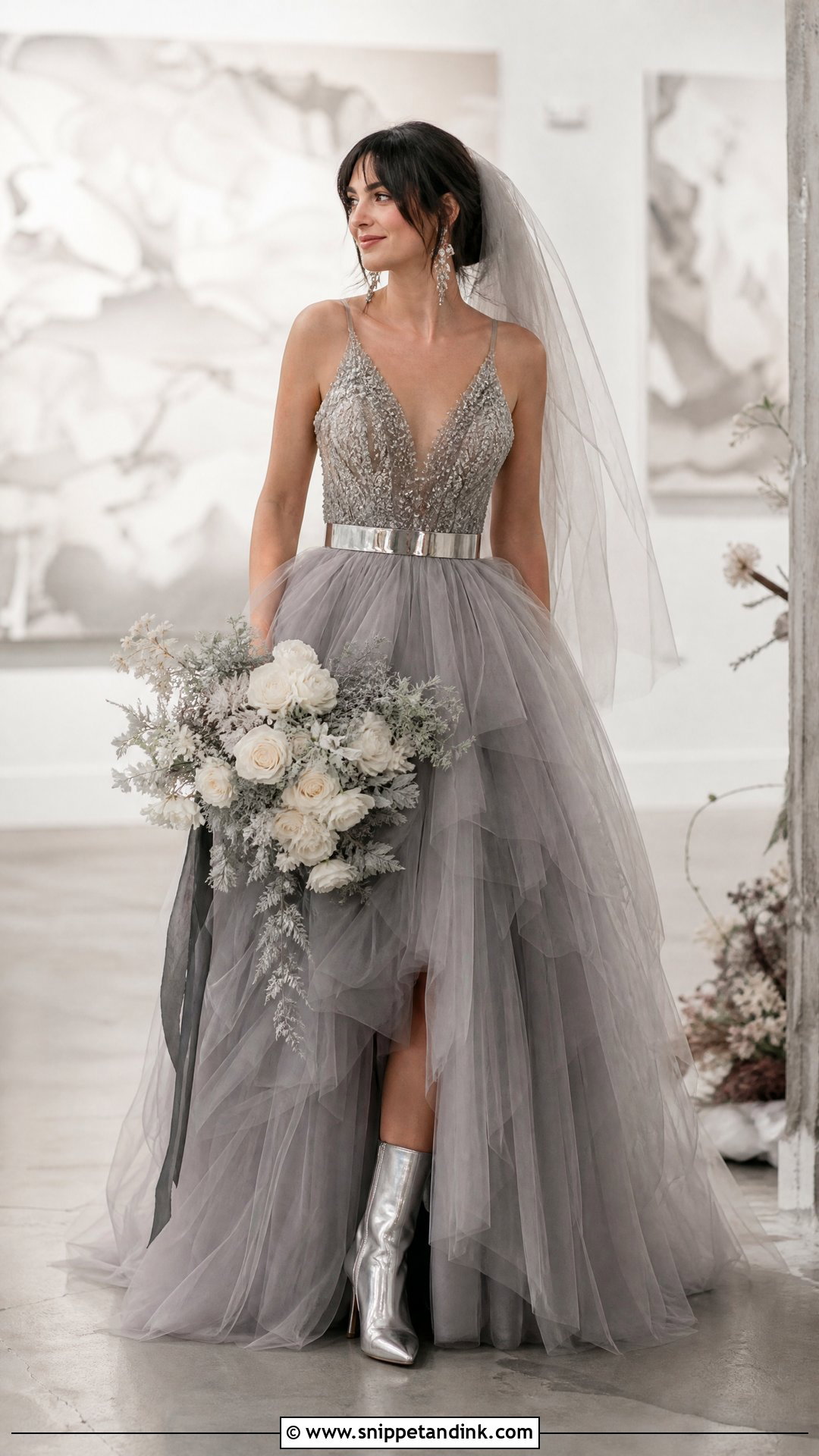 Gray Wedding Dress With Metallic Accessories - Snippet and Ink - 20 Rock and Roll Wedding Dress Ideas
