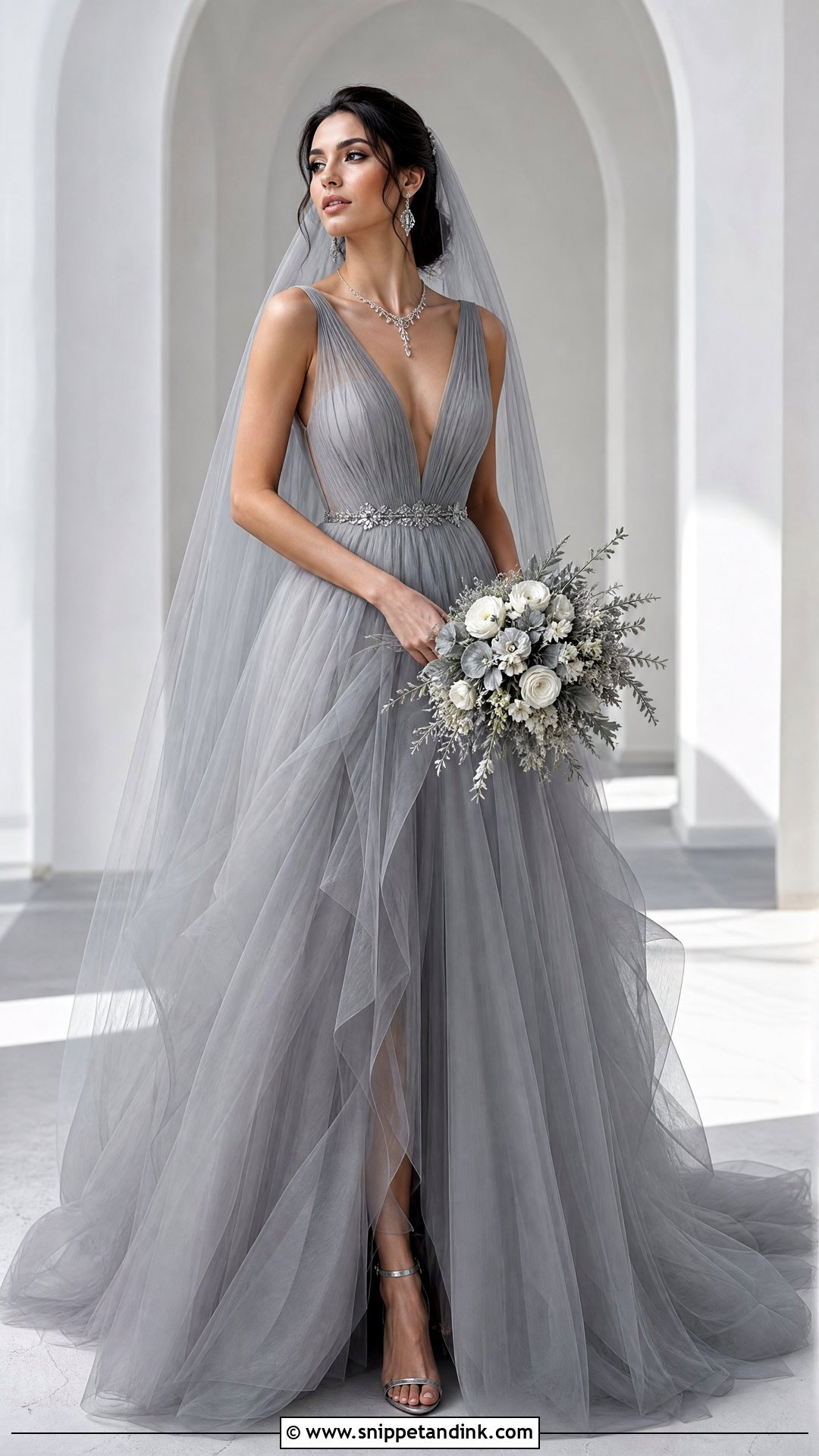 Gray Wedding Dress With Silver Jewelry - Snippet and Ink - 20 Nontraditional Wedding Dress Color Ideas