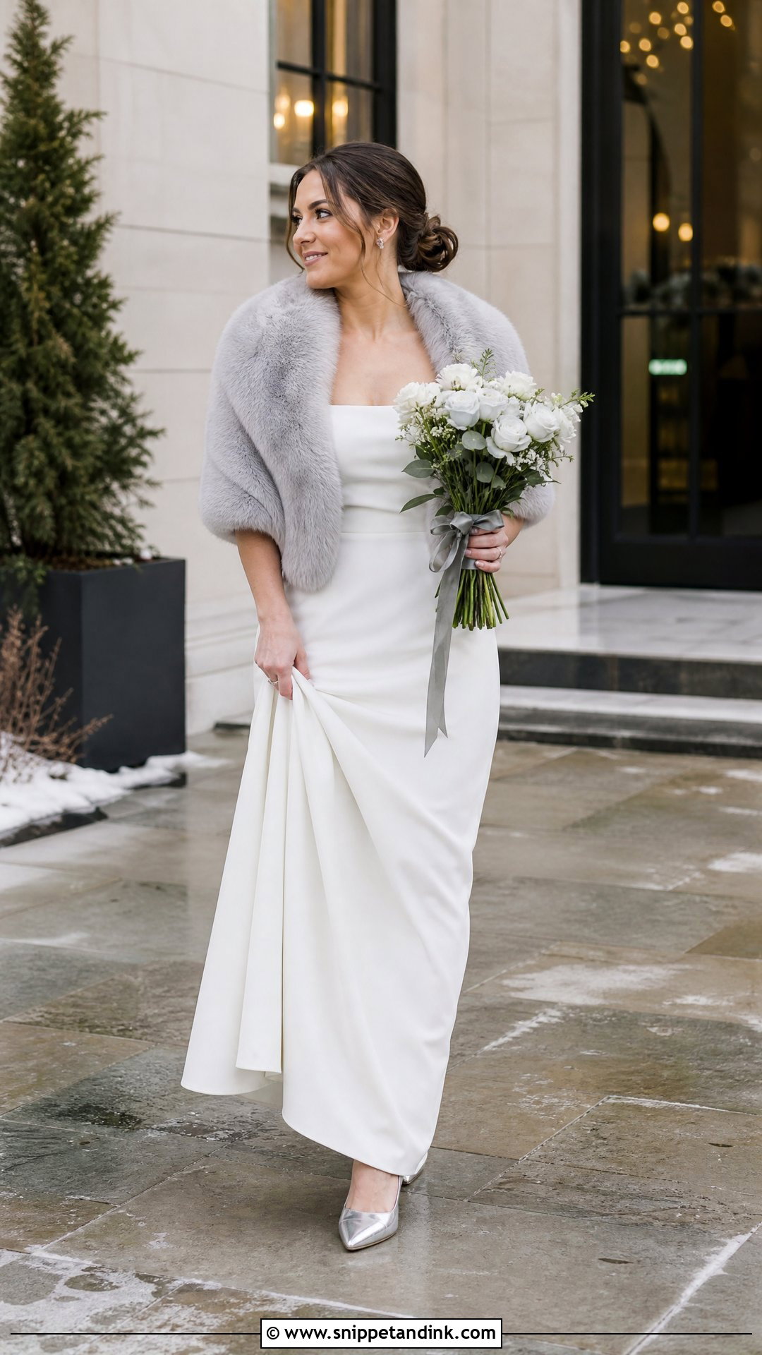 Gray Wedding Fur Wrap With White Gown - Snippet and Ink - 20 Wedding Fur Ideas