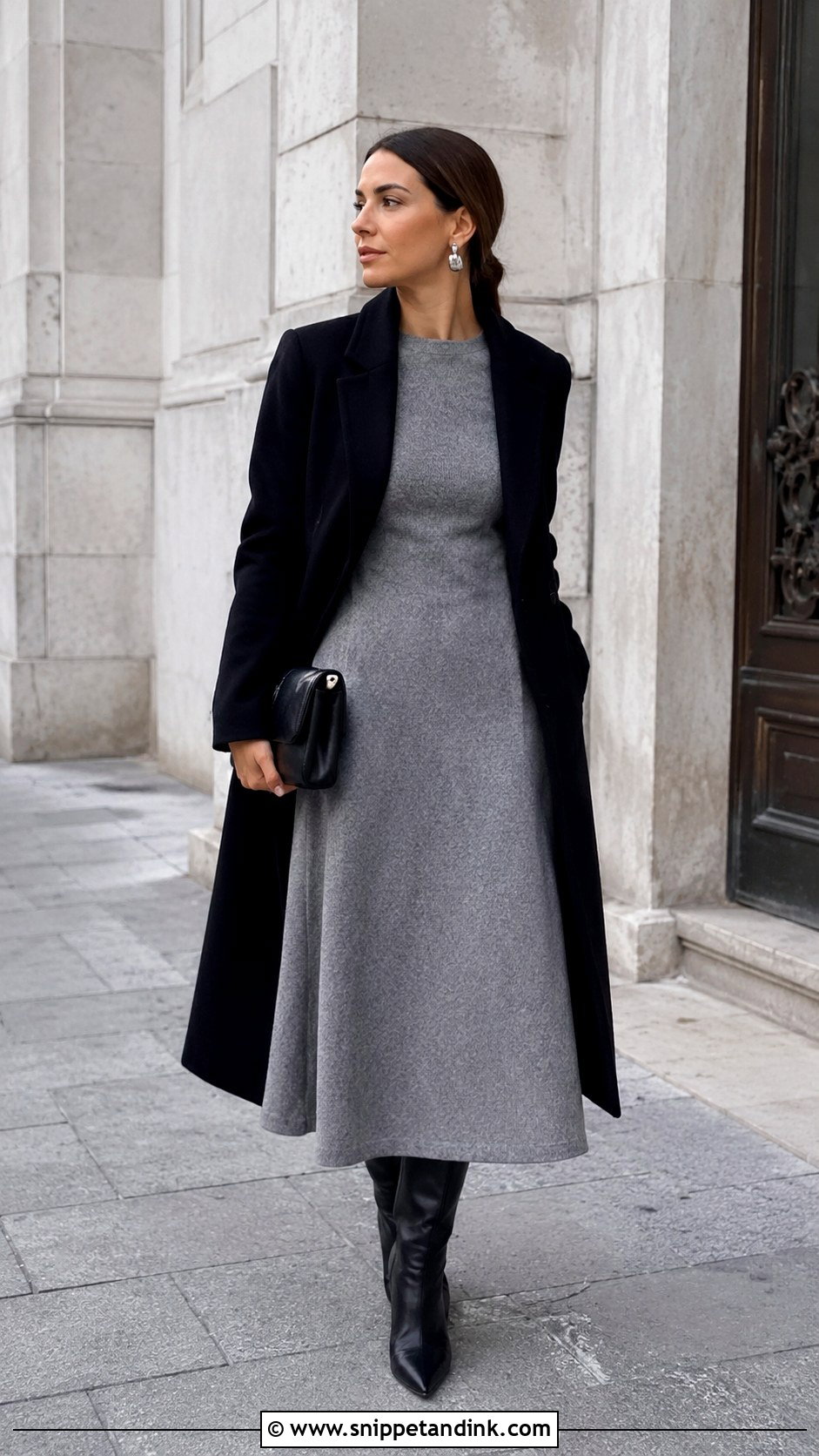 Gray Wool Dress With Black Accessories - Snippet and Ink - 25 Winter Civil Wedding Outfit Ideas