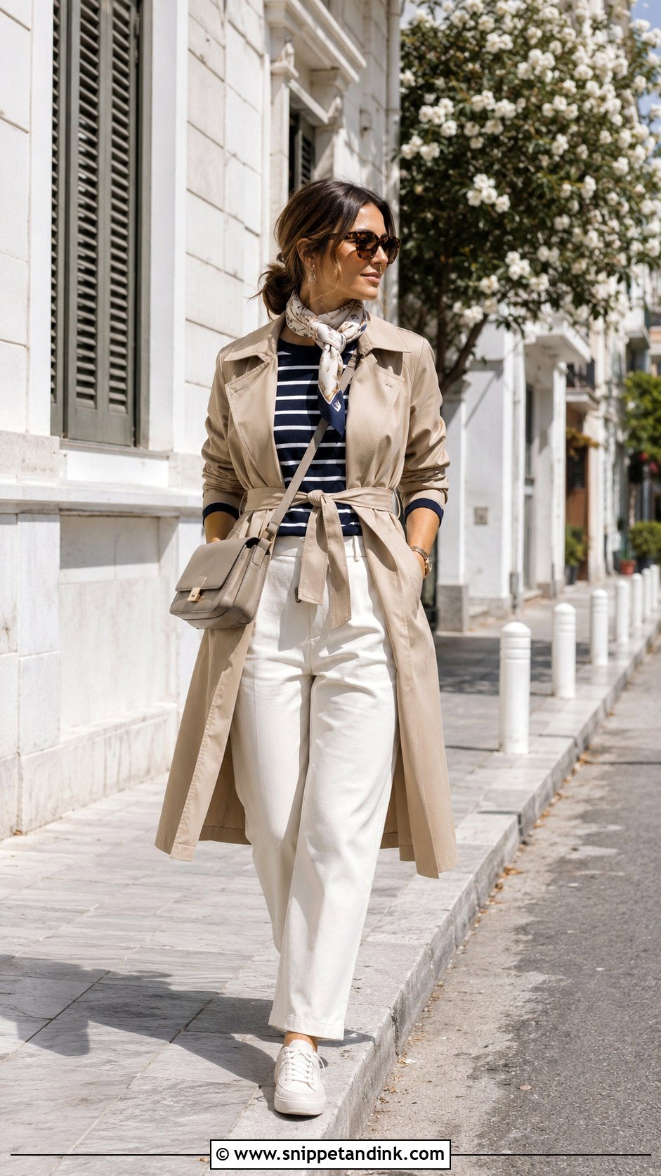 Greece Shoulder Season Trench Outfit - Snippet and Ink - 20 Greece Honeymoon Outfits