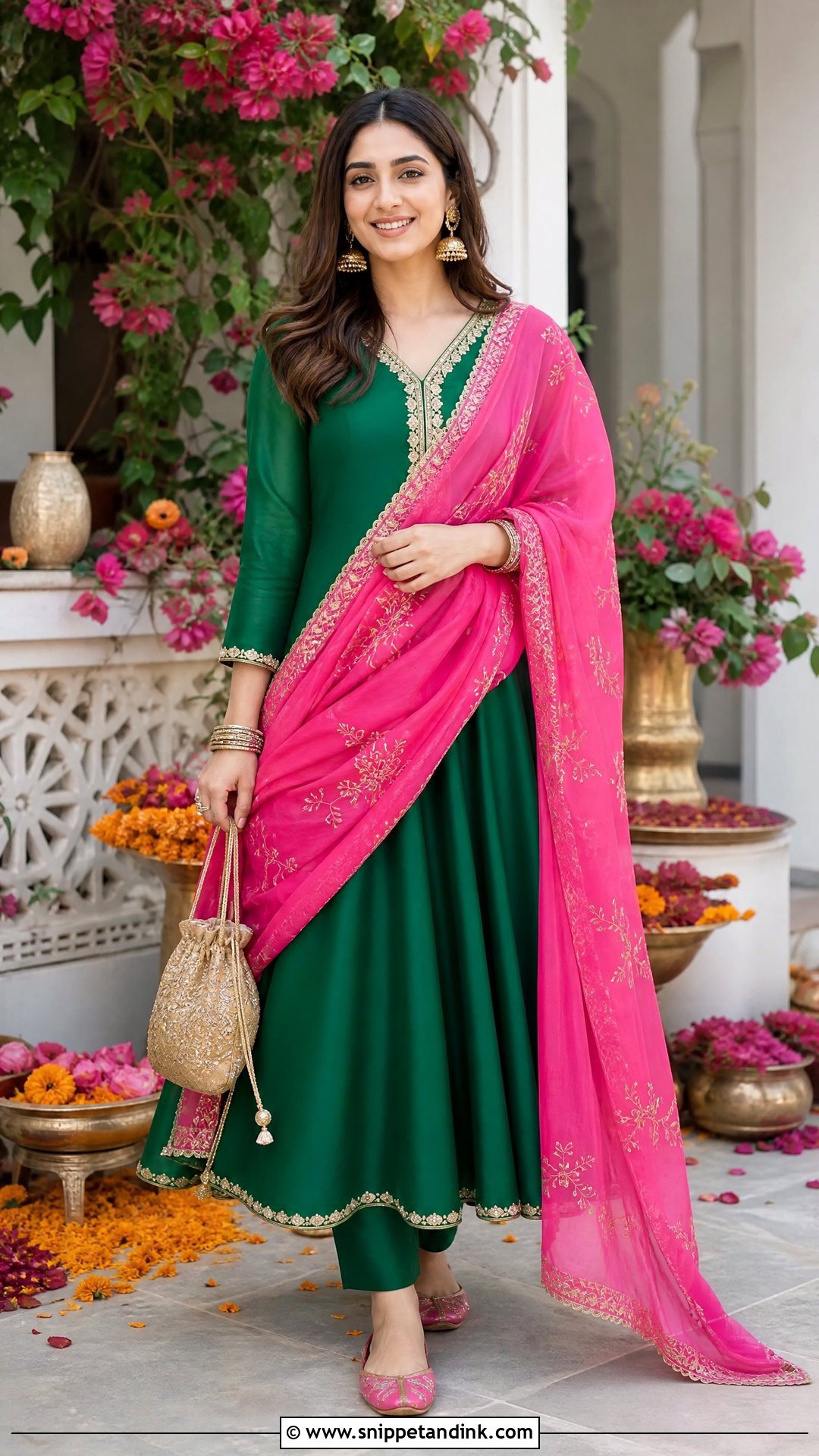 Green A Line Suit With Pink Dupatta - Snippet and Ink - 20 Suit with Dupatta Ideas