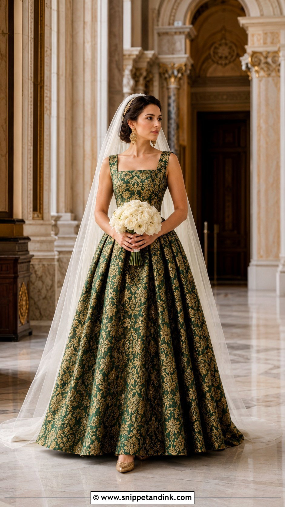 Green And Gold Brocade Wedding Dress - Snippet and Ink - 20 Green Bride Dress Ideas