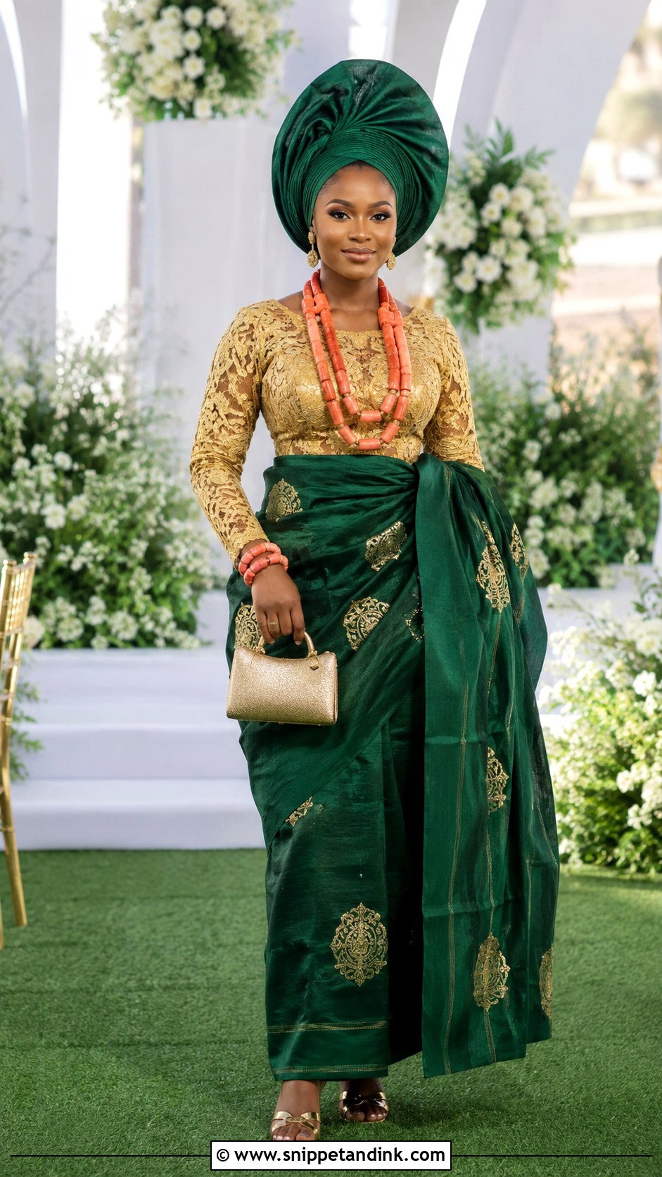 Green And Gold Isoko Bridal Outfit - Snippet and Ink - 20 Isoko Traditional Wedding Attire Ideas