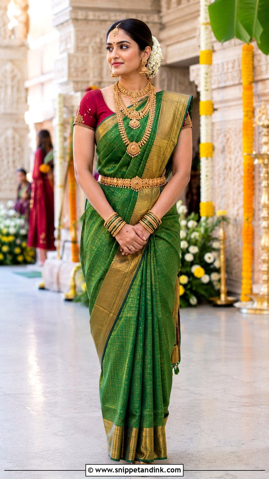 Green And Gold South Indian Saree - Snippet and Ink - 20 Green Indian Wedding Dress Ideas