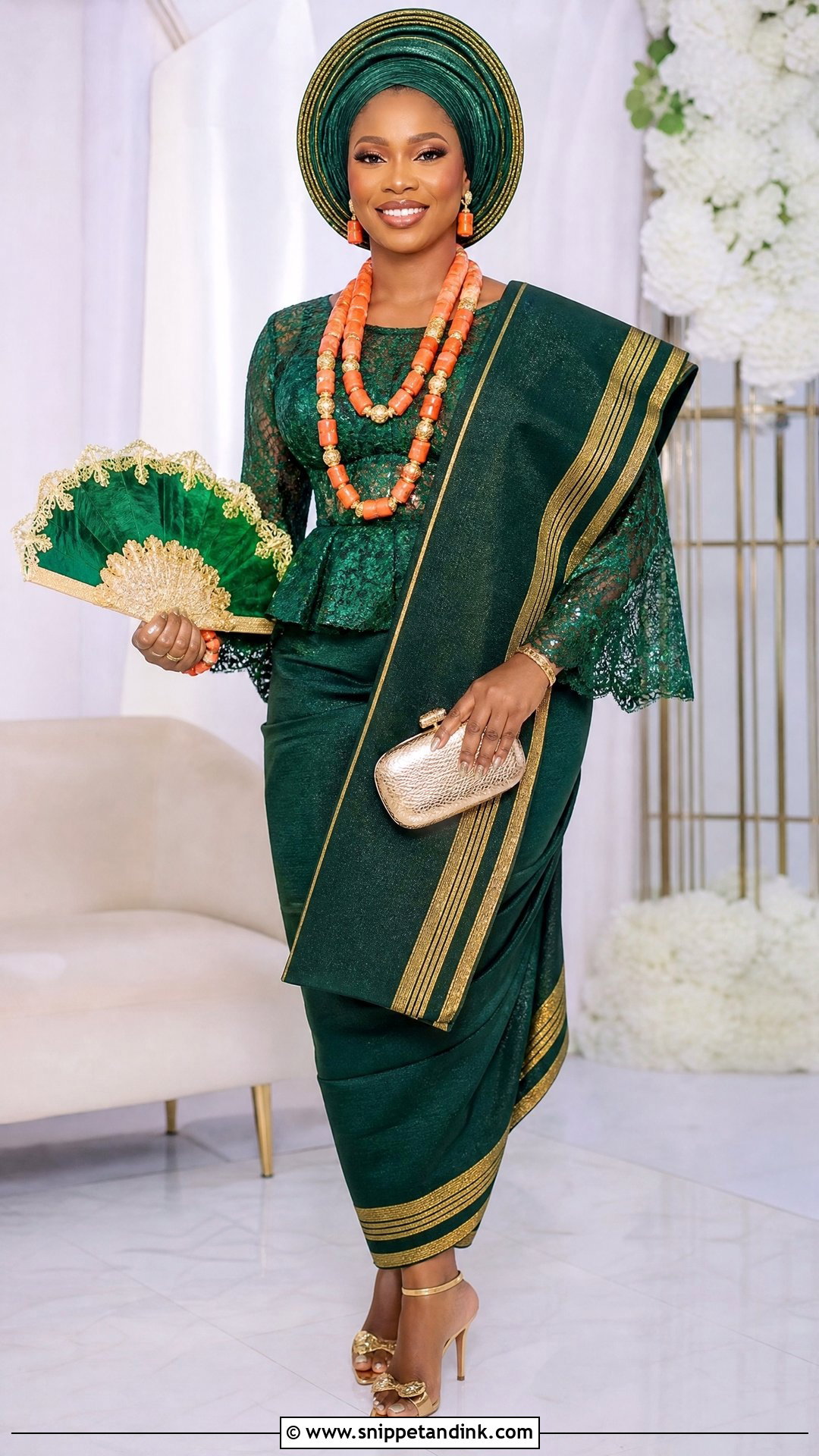 Green And Gold Urhobo Bride Outfit - Snippet and Ink - 20 Urhobo Bride Ideas