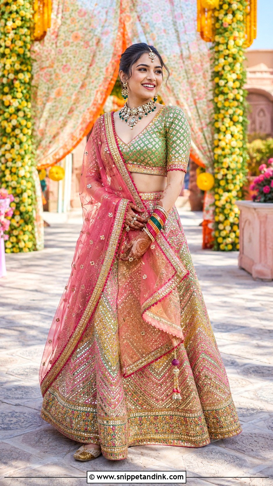 Green And Pink Bridal Lehenga With Gota Patti - Snippet and Ink - 25 Indian Weddings Bridal Lehnga Dress Ideas