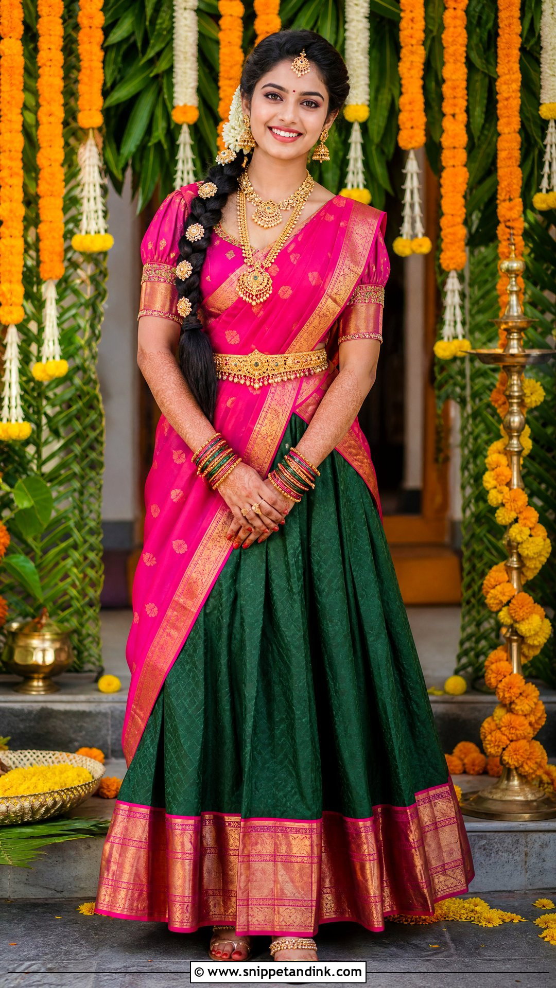 Green And Pink Half Saree Pellikuthuru Look - Snippet and Ink - 20 Pellikuthuru Look Ideas