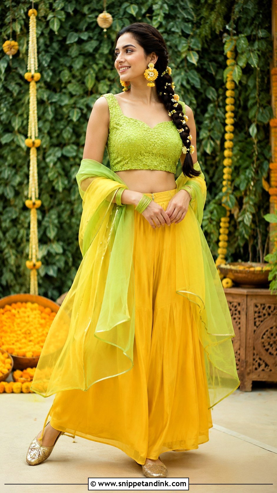 Green And Yellow Fusion Haldi Outfit - Snippet and Ink - 20 Bride Haldi Dress Ideas