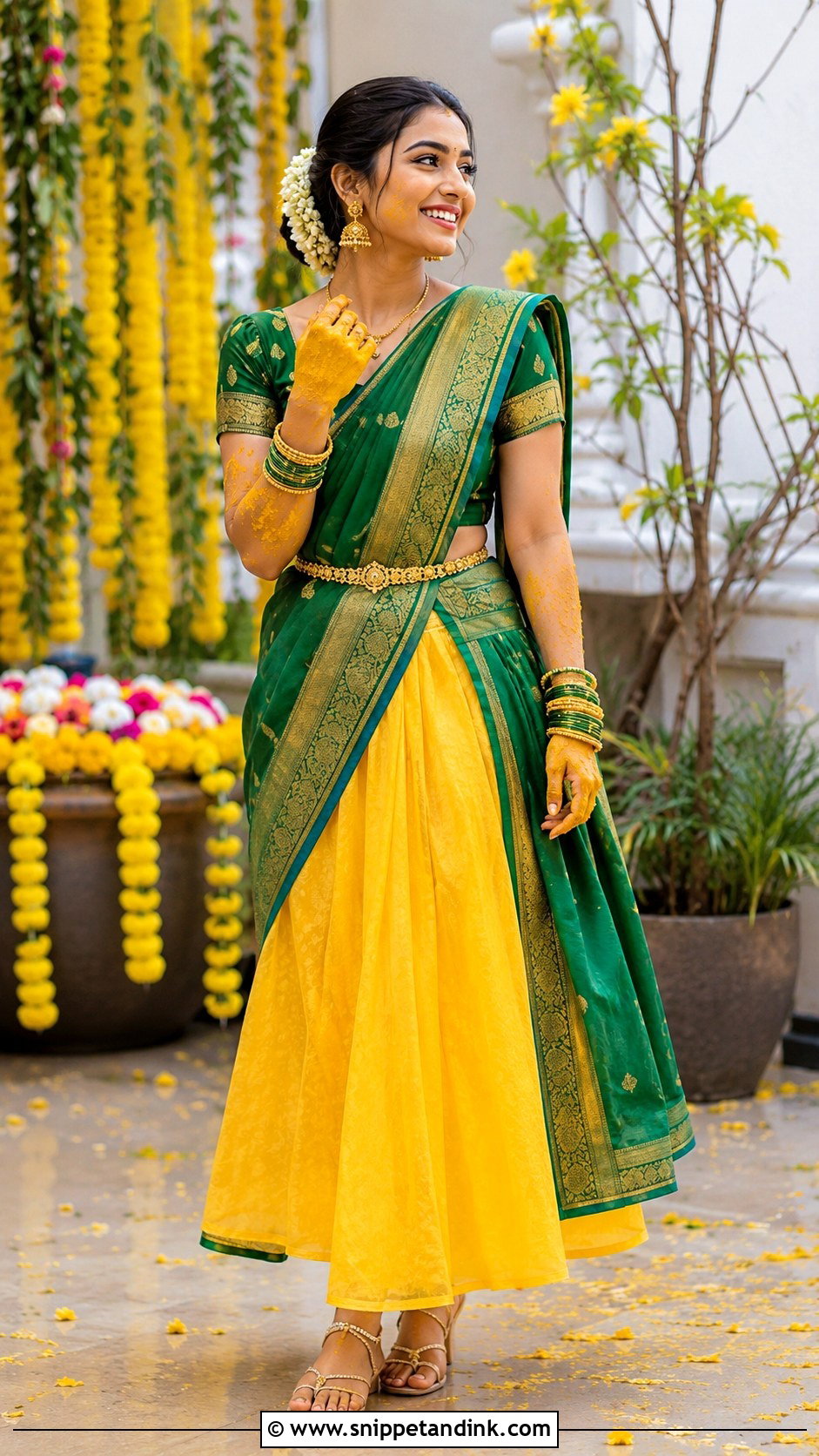 Green And Yellow Half Saree Haldi Outfit - Snippet and Ink - 25 South Indian Haldi Outfit Ideas