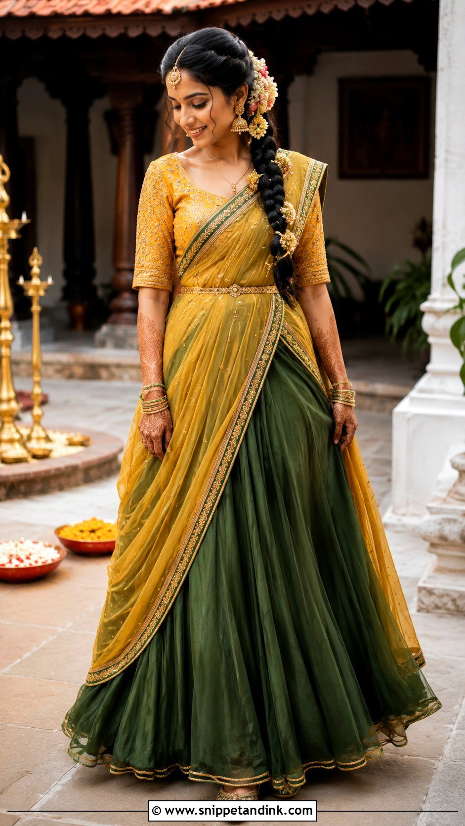 Green And Yellow Mehendi Half Saree - Snippet and Ink - 20 Bridal Mehendi Outfits
