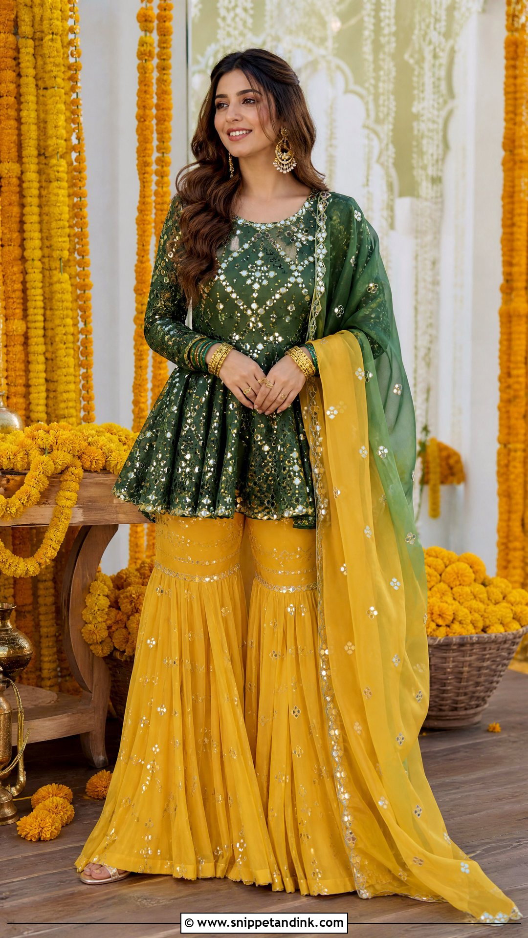Green And Yellow Peplum Sharara Mayoon Outfit - Snippet and Ink - 20 Pakistani Mayoon Outfits