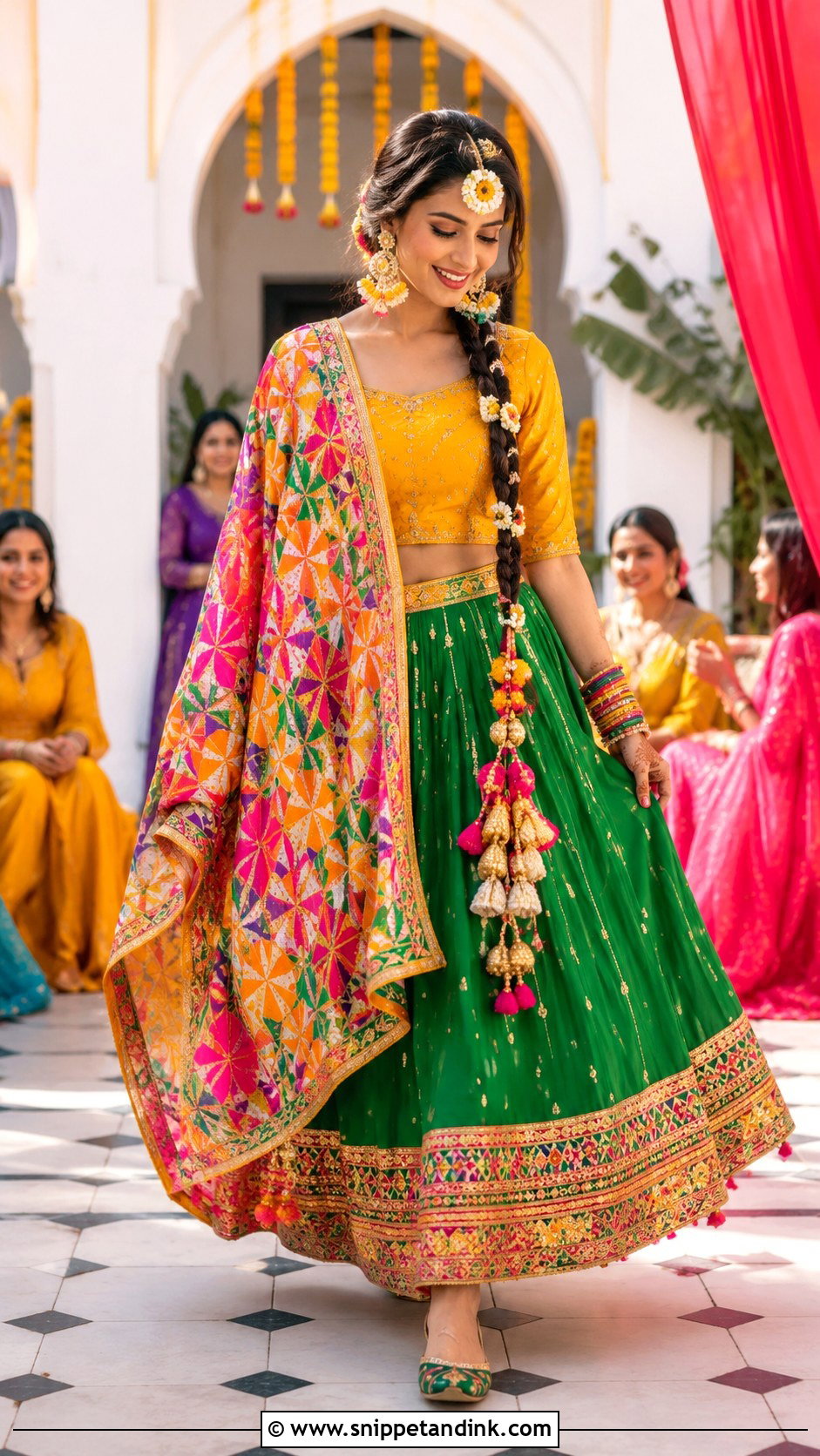 Green And Yellow Phulkari Bridal Mehndi Lehenga - Snippet and Ink - 20 Green Bridal Mehndi Outfit Ideas