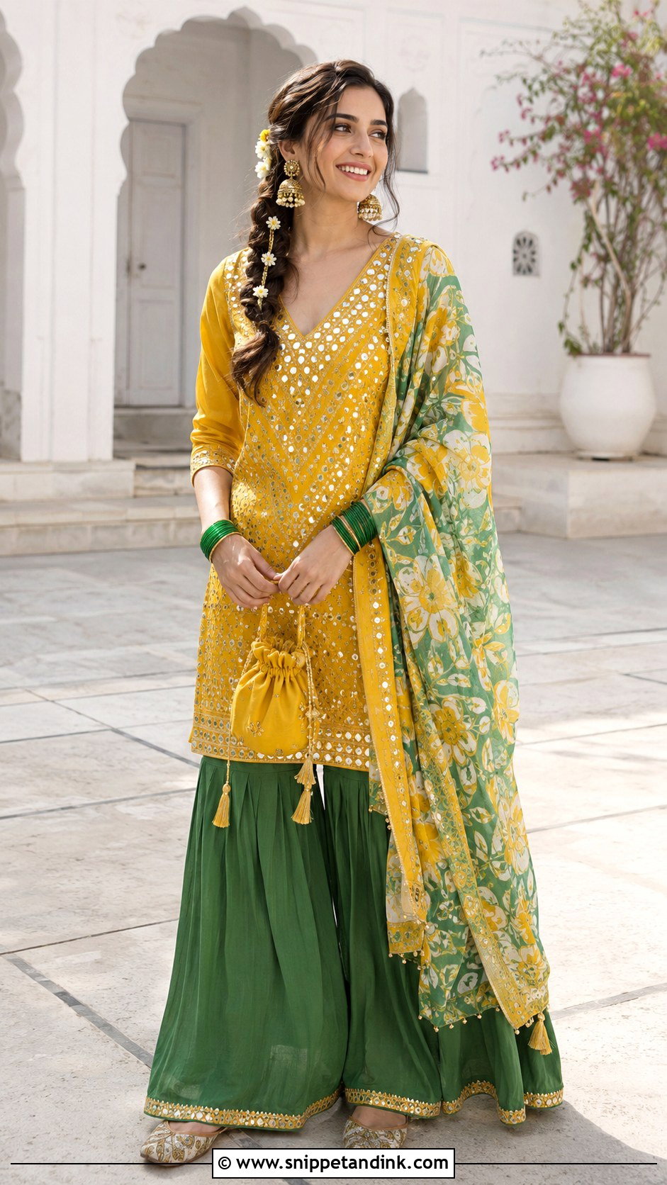 Green And Yellow Sharara Set For Haldi - Snippet and Ink - 20 Haldi Night Outfit Ideas
