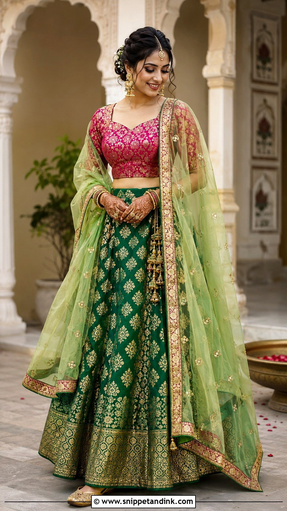 Green Banarasi Lehenga Mehendi Outfit - Snippet and Ink - 20 Indian Wedding Mehendi Outfits