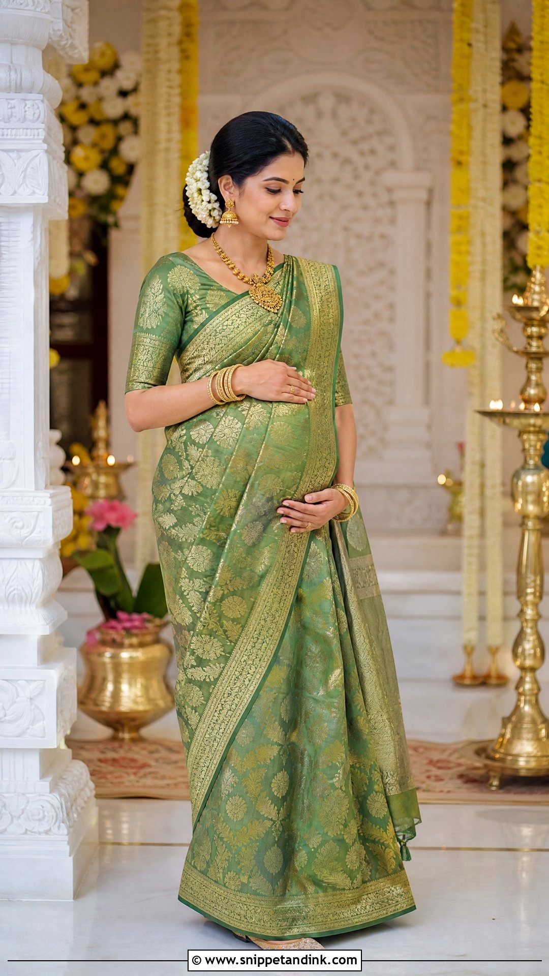 Green Banarasi Saree Godbharai Look - Snippet and Ink - 25 Godbharai Look Ideas