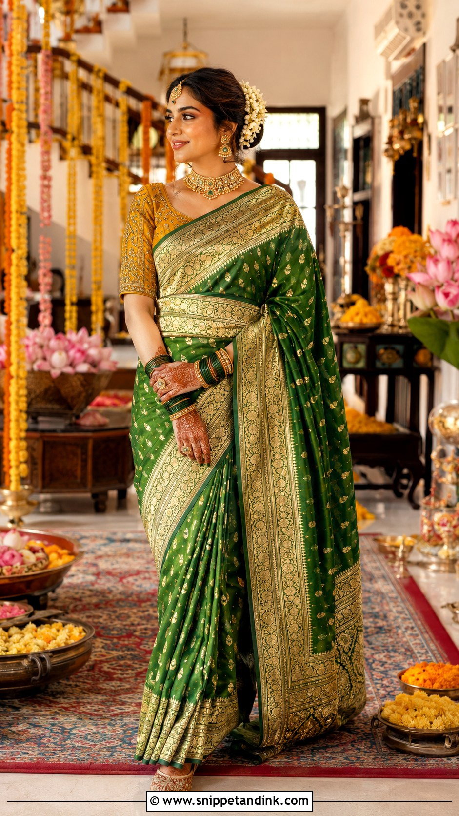 Green Banarasi Saree Mehandi Bridal Outfit - Snippet and Ink - 20 Mehandi Bridal Dress Ideas