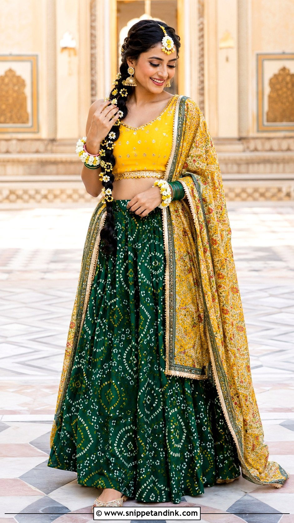 Green Bandhani Bride Haldi Outfit - Snippet and Ink - 20 Bride Haldi Outfit Ideas