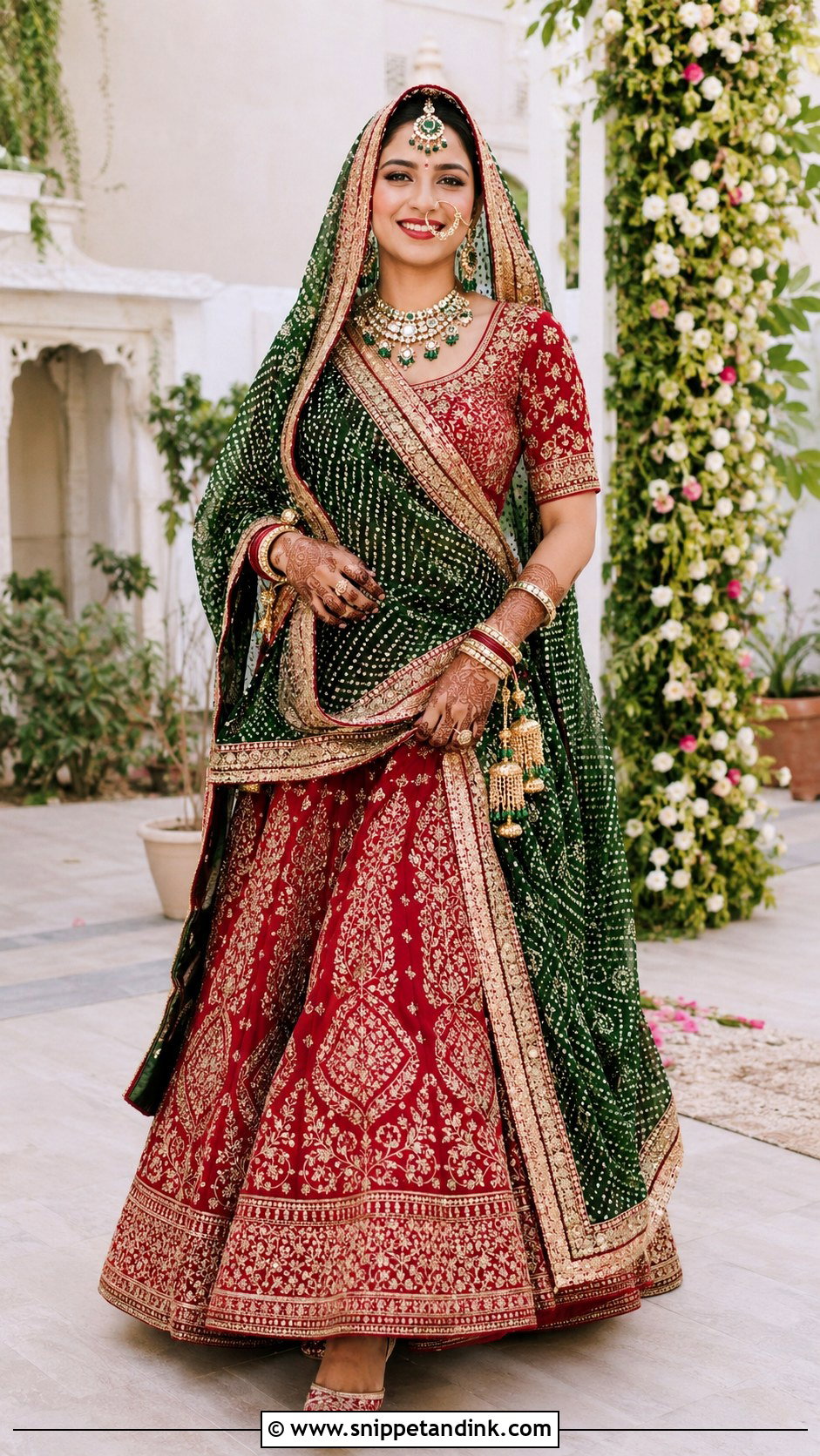 Green Bandhani Chundadi With Red Lehenga - Snippet and Ink - 20 Chundadi Design for Marriage Ideas