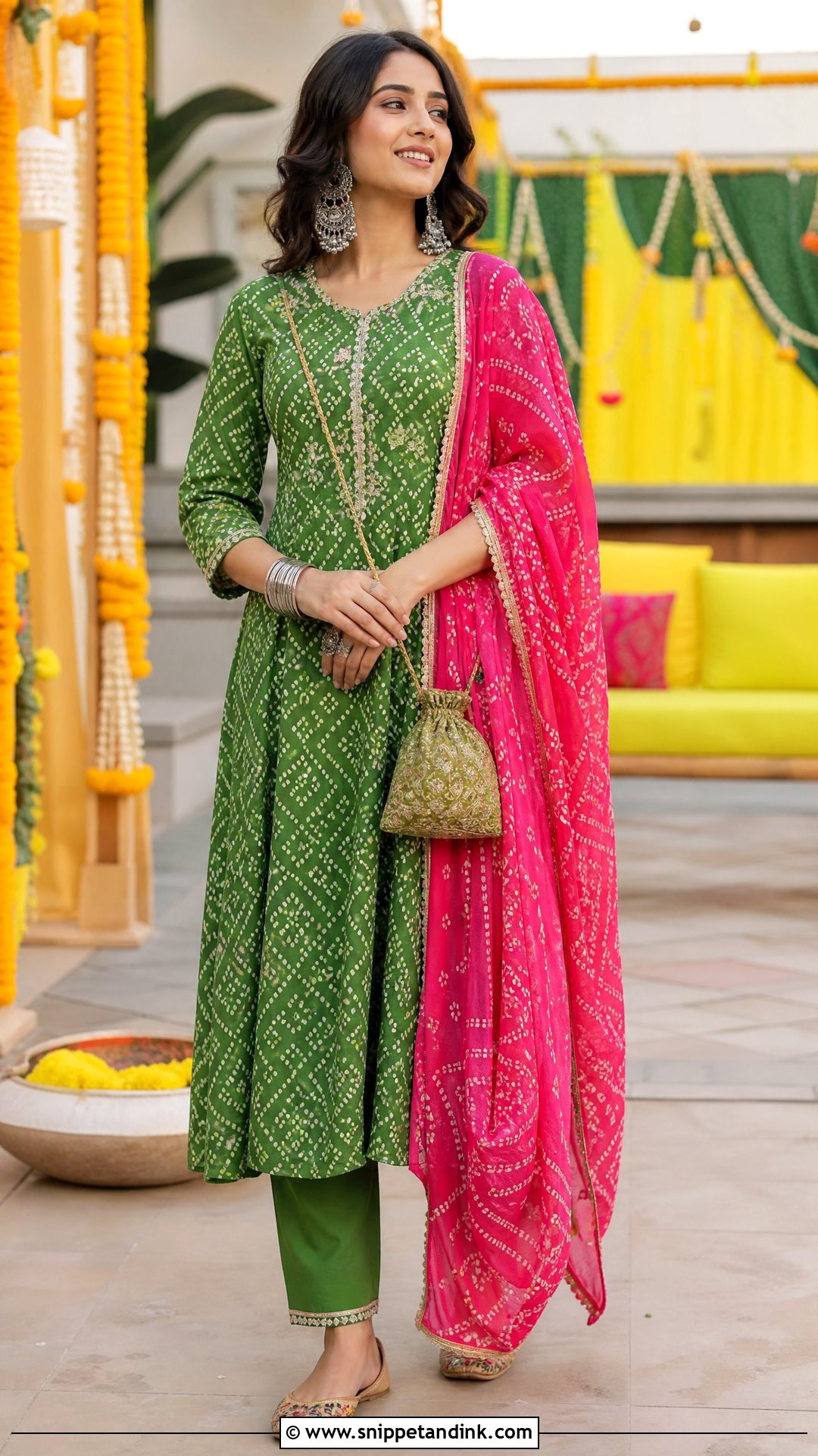 Green Bandhani Kurta Set for Mehendi - Snippet and Ink - 25 Kurta Set for Wedding Ideas