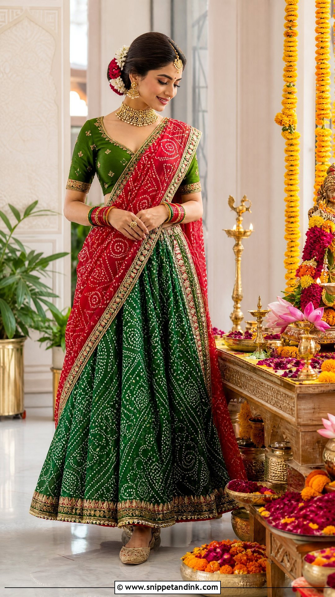 Green Bandhani Lehenga Mata Poojan Look - Snippet and Ink - 20 Mata Poojan Look for Bride Ideas