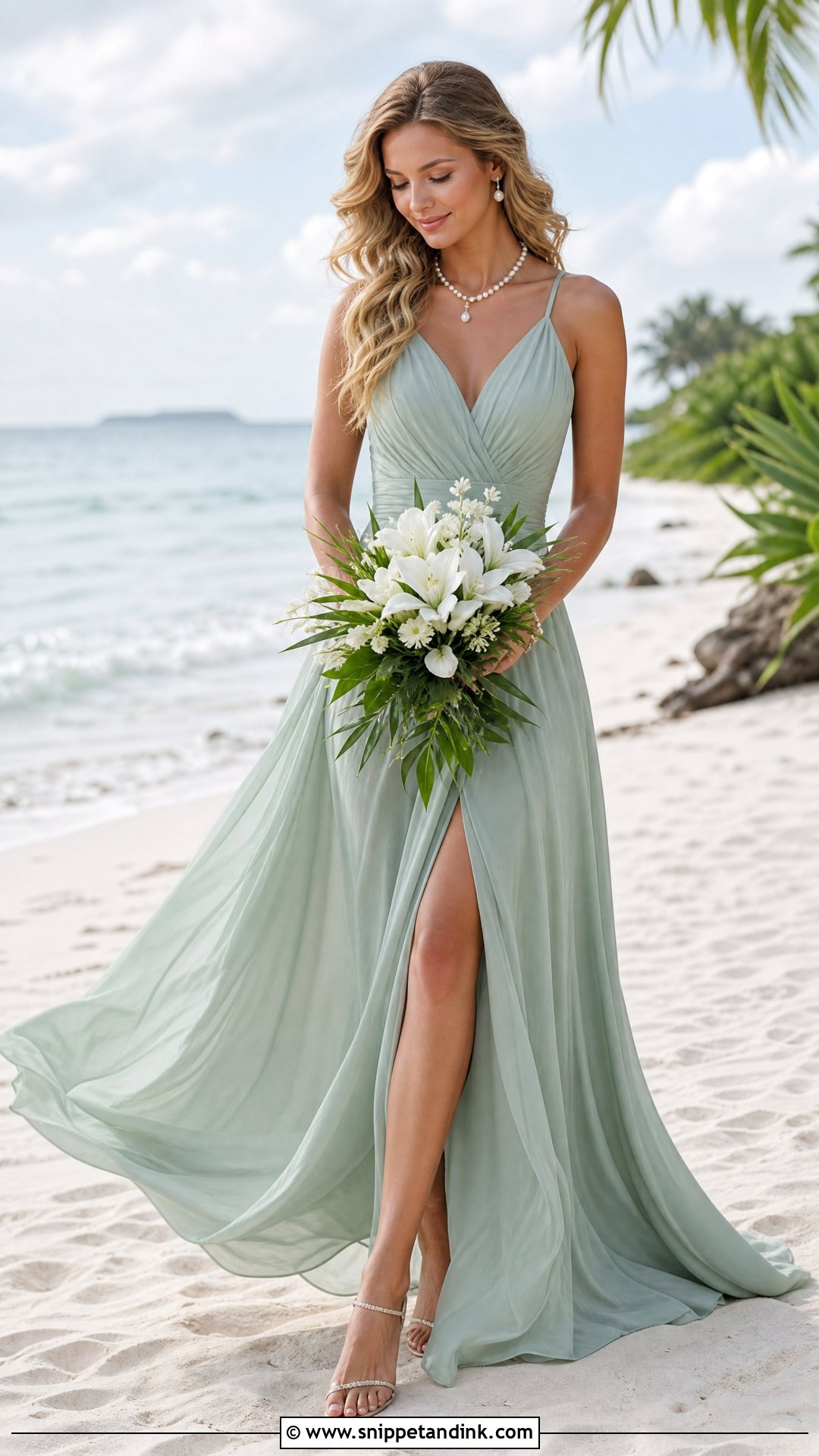 Green Beach Wedding Dress With Barely There Sandals - Snippet and Ink - 25 Green Wedding Dress for Bride Ideas