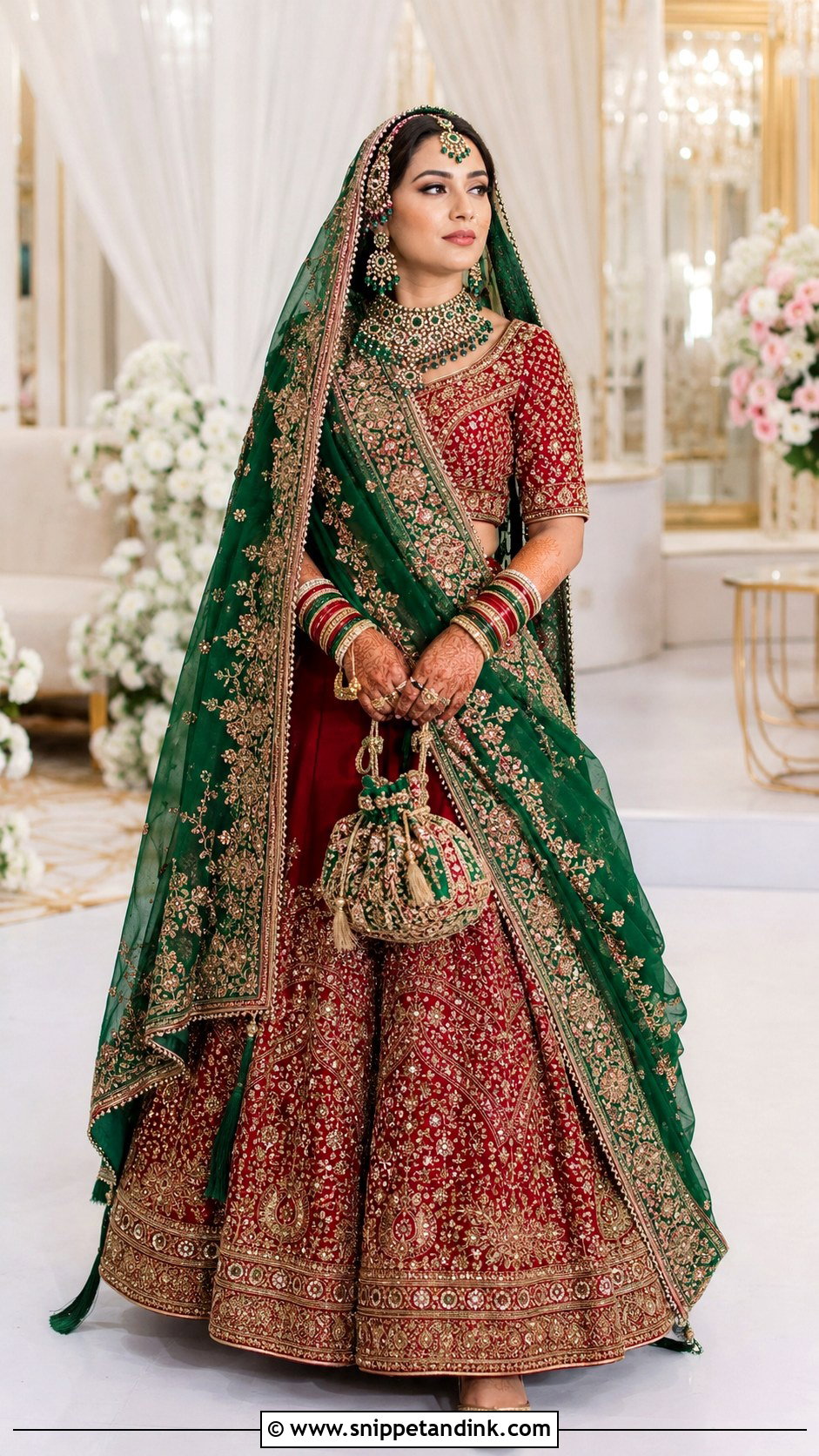 Green Bridal Chunri Dupatta With Red Lehenga - Snippet and Ink - 20 Bridal Chunri Dupatta Ideas