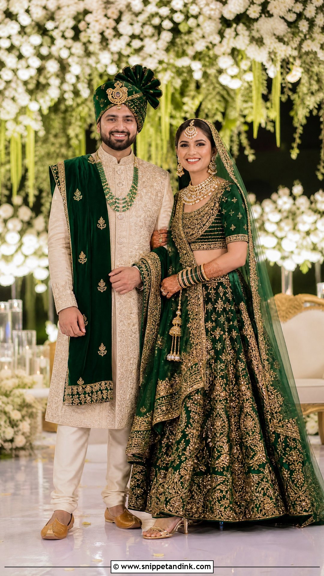 Green Bridal Lehenga With Beige Sherwani - Snippet and Ink - 25 Indian Hindu Couple Wedding Dress Ideas