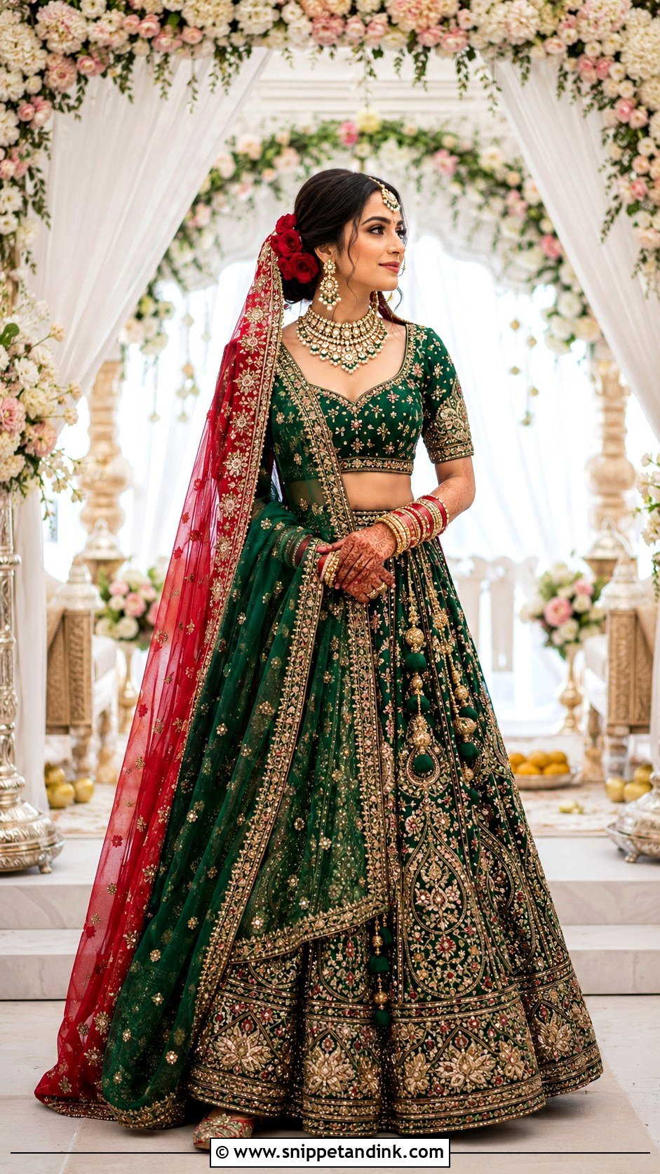 Green Bridal Lehenga With Red Dupatta - Snippet and Ink - 20 Green Indian Wedding Dress Ideas