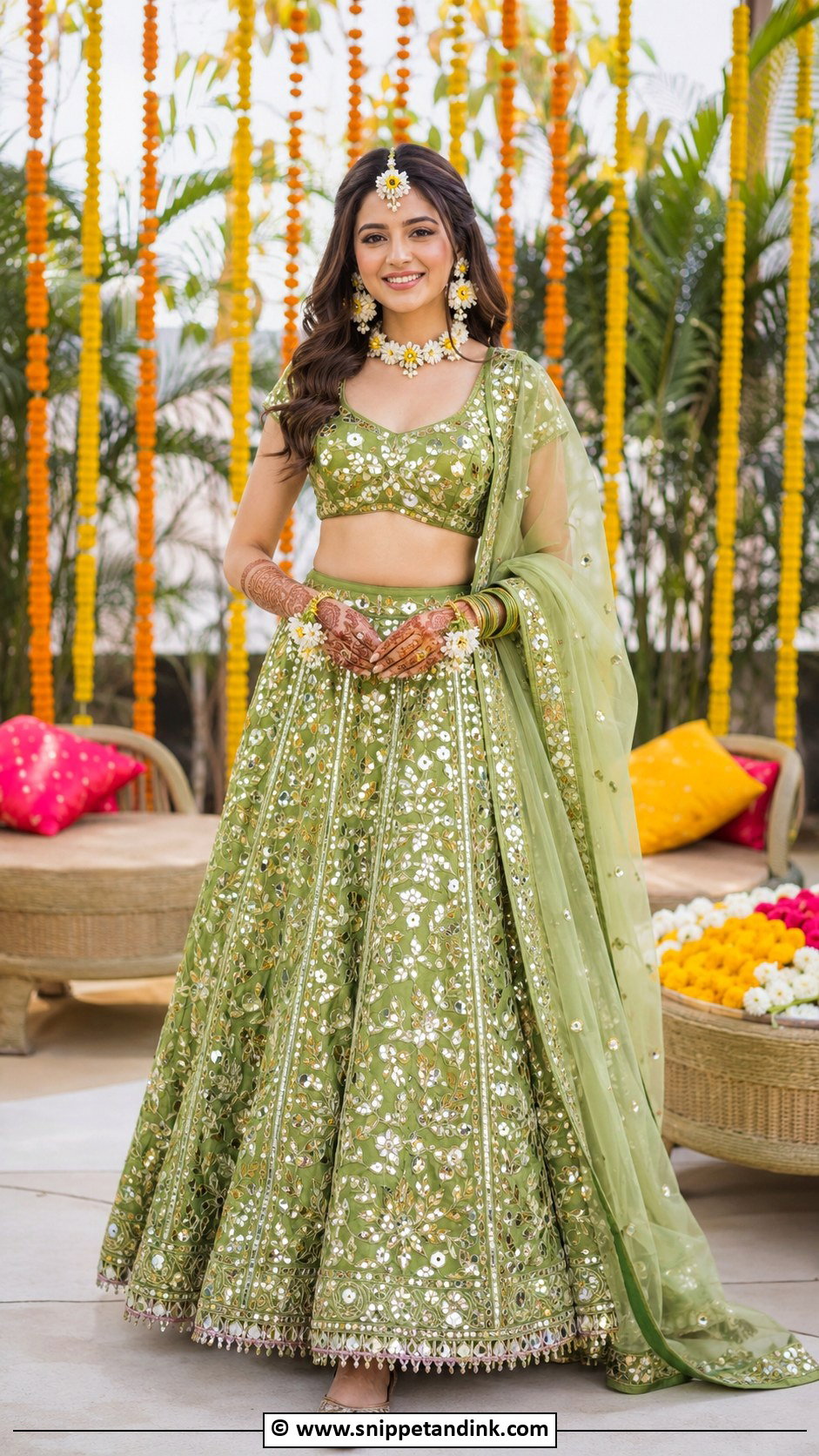 Green Bridal Mehndi Lehenga - Snippet and Ink - 25 Indian Bridal Mehndi Outfit Ideas