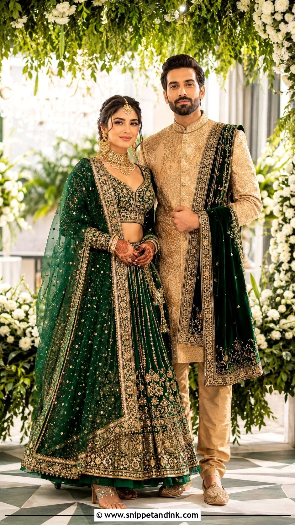 Green Bridal Outfit And Gold Groom Outfit Wedding Couple Outfit - Snippet and Ink - 25 Wedding Couple Outfits