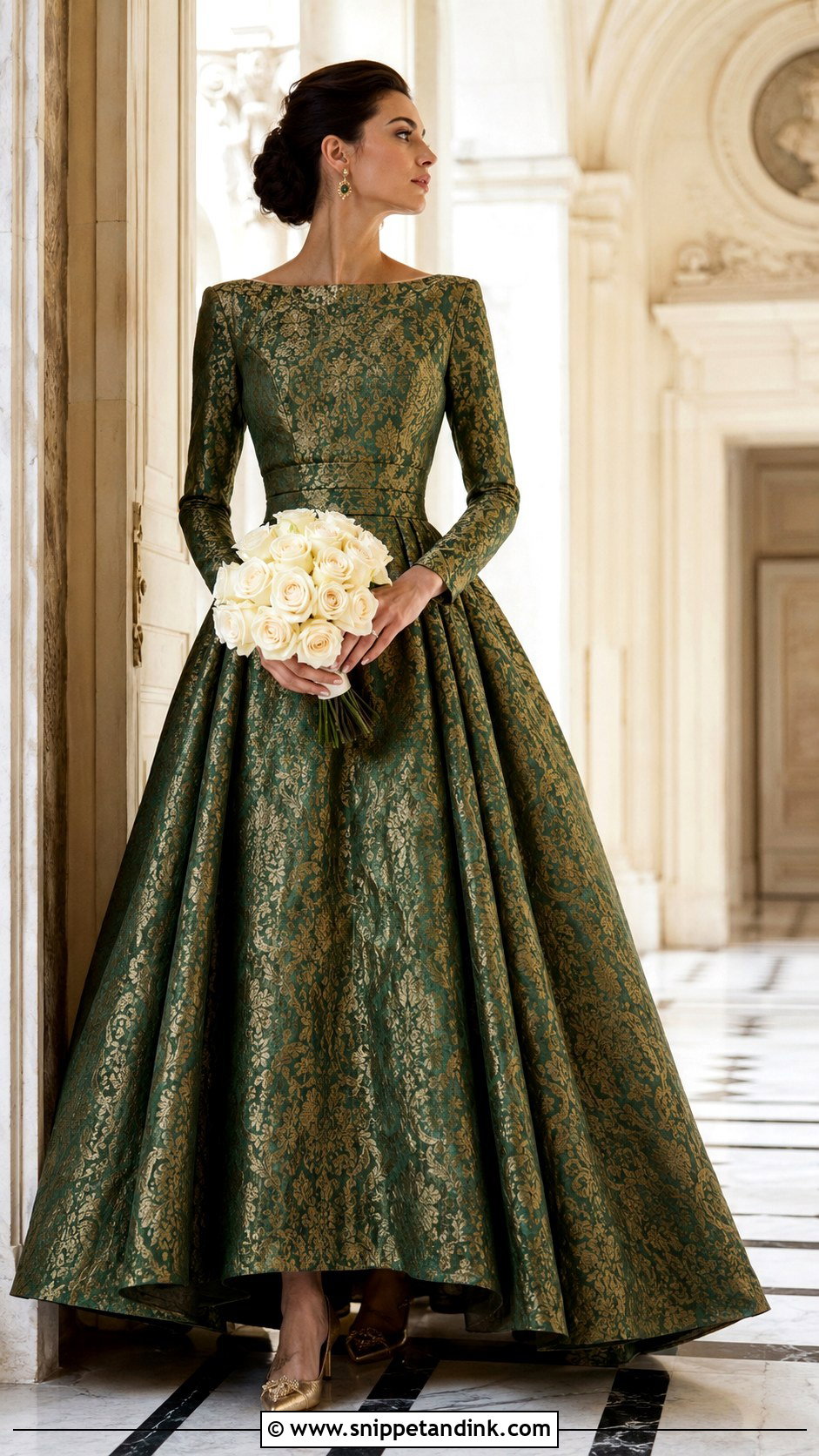 Green Brocade Long Sleeve Wedding Gown - Snippet and Ink - 20 Green Wedding Gown Ideas