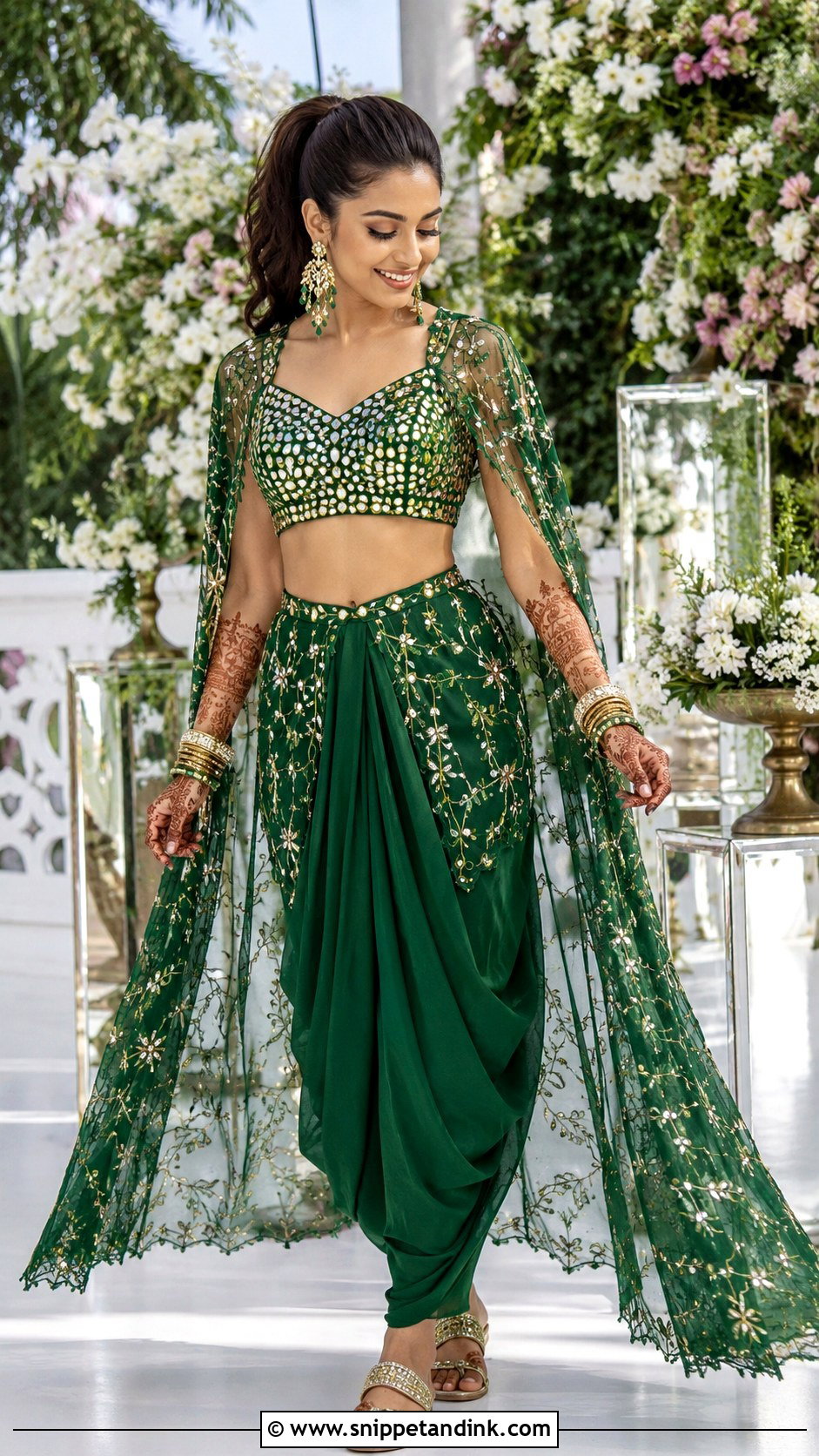 Green Cape Dhoti Set Mehndi Bride Outfit - Snippet and Ink - 20 Haldi Mehndi Outfit for Bride Ideas