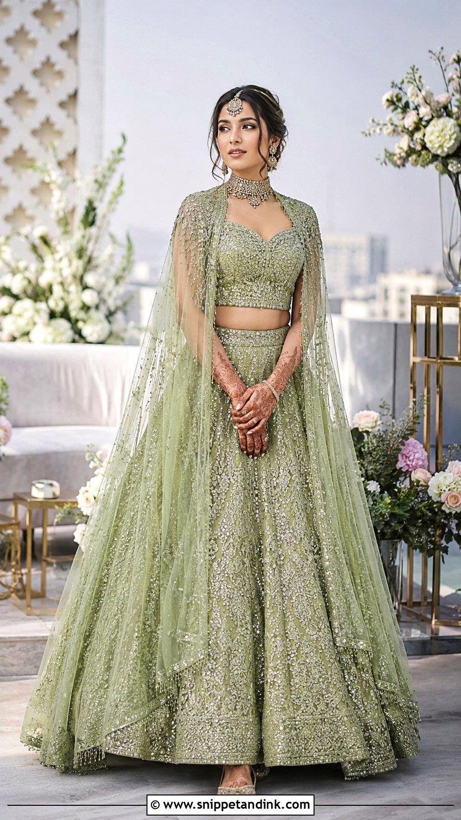 Green Cape Mehandi Bridal Lehenga - Snippet and Ink - 20 Mehandi Bridal Dress Ideas