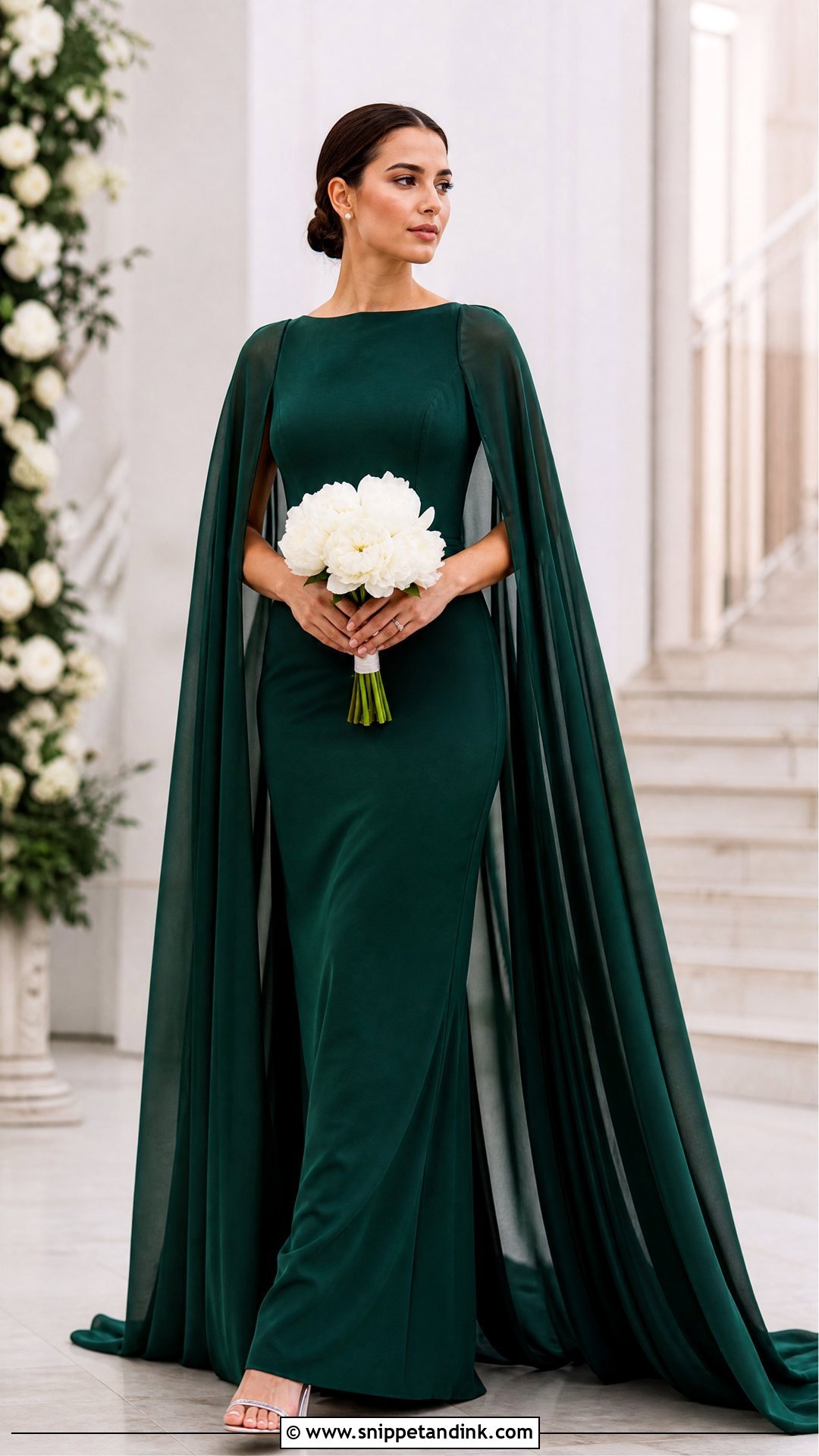 Green Cape Wedding Dress With Minimal Jewelry - Snippet and Ink - 25 Green Wedding Dress for Bride Ideas