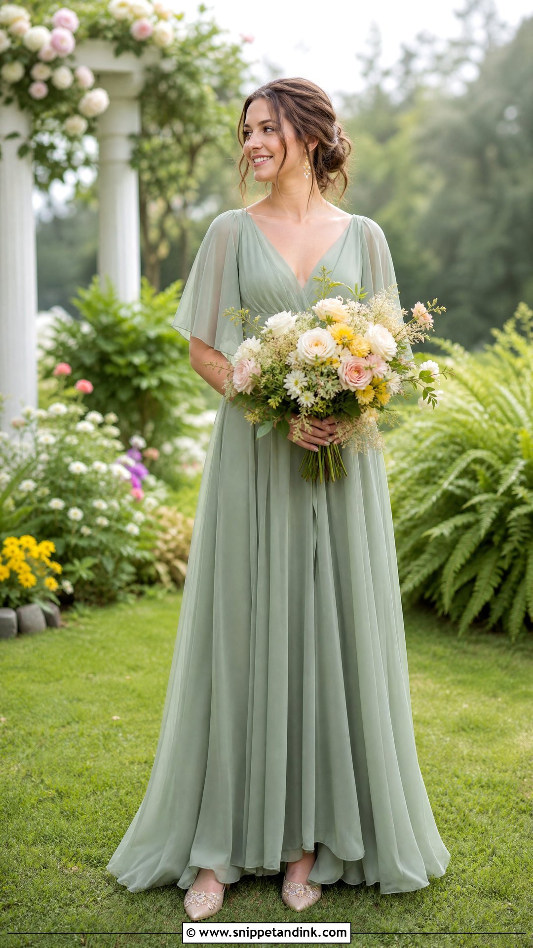 Green Chiffon Wedding Dress With Floral Bouquet - Snippet and Ink - 25 Green Wedding Dress for Bride Ideas