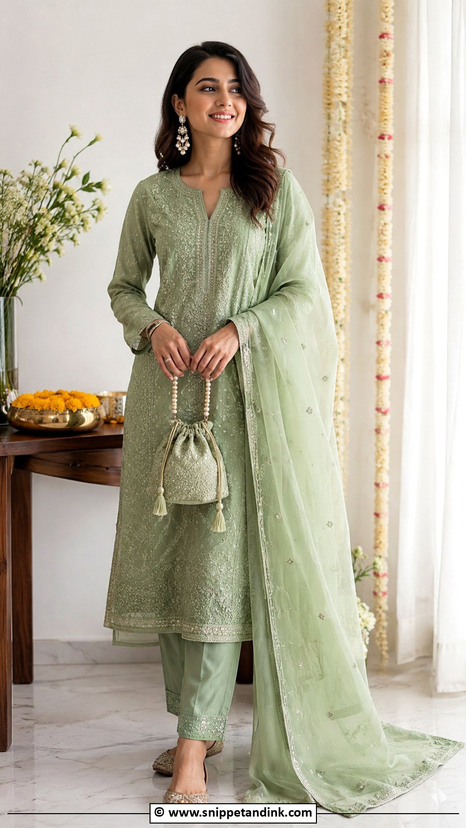 Green Chikankari Kurta Set For Mehndi - Snippet and Ink - 25 Haldi Mehndi Outfit Ideas